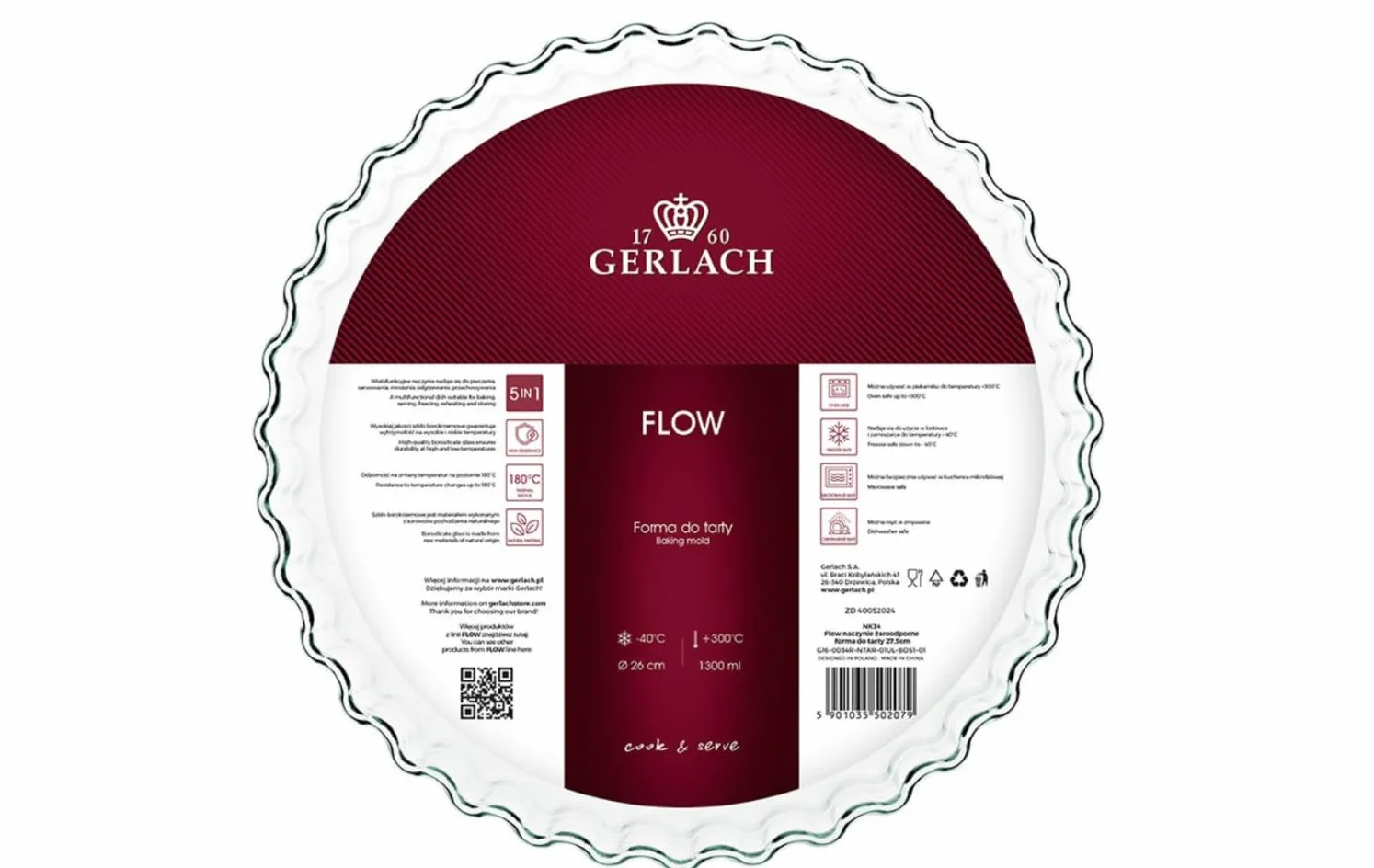 Gerlach 1760 Szklana Forma Do Tarty Do Pieczenia Ciasta Naczynie Żaroodporne Odporne Na Wysokie Temperatury 1300 ml Flow