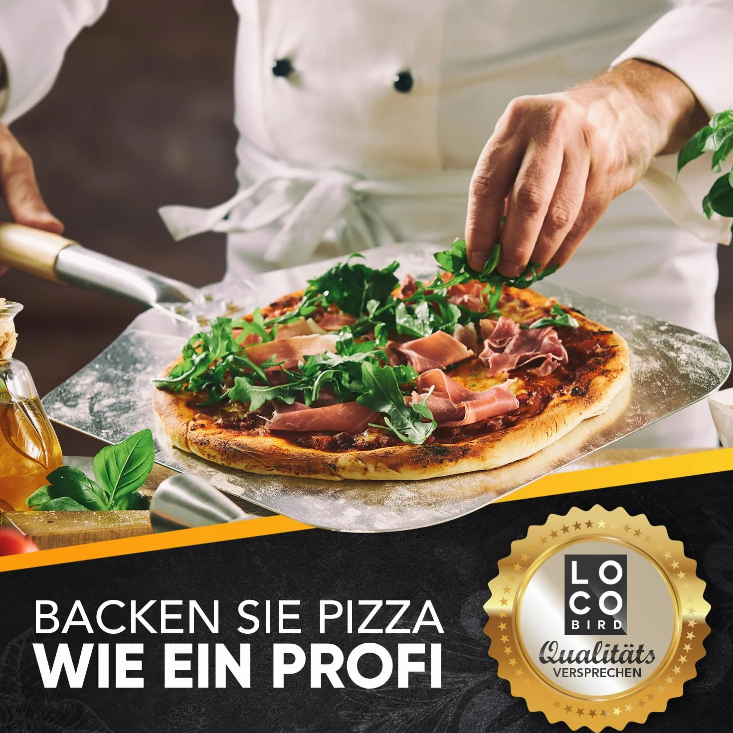 LOCO BIRD Łopatka do pizzy z dużą powierzchnią i zdejmowanym uchwytem – 30,5 cm x 30,5 cm łopatka do pizzy aluminiowa – w zestawie książka z przepisami