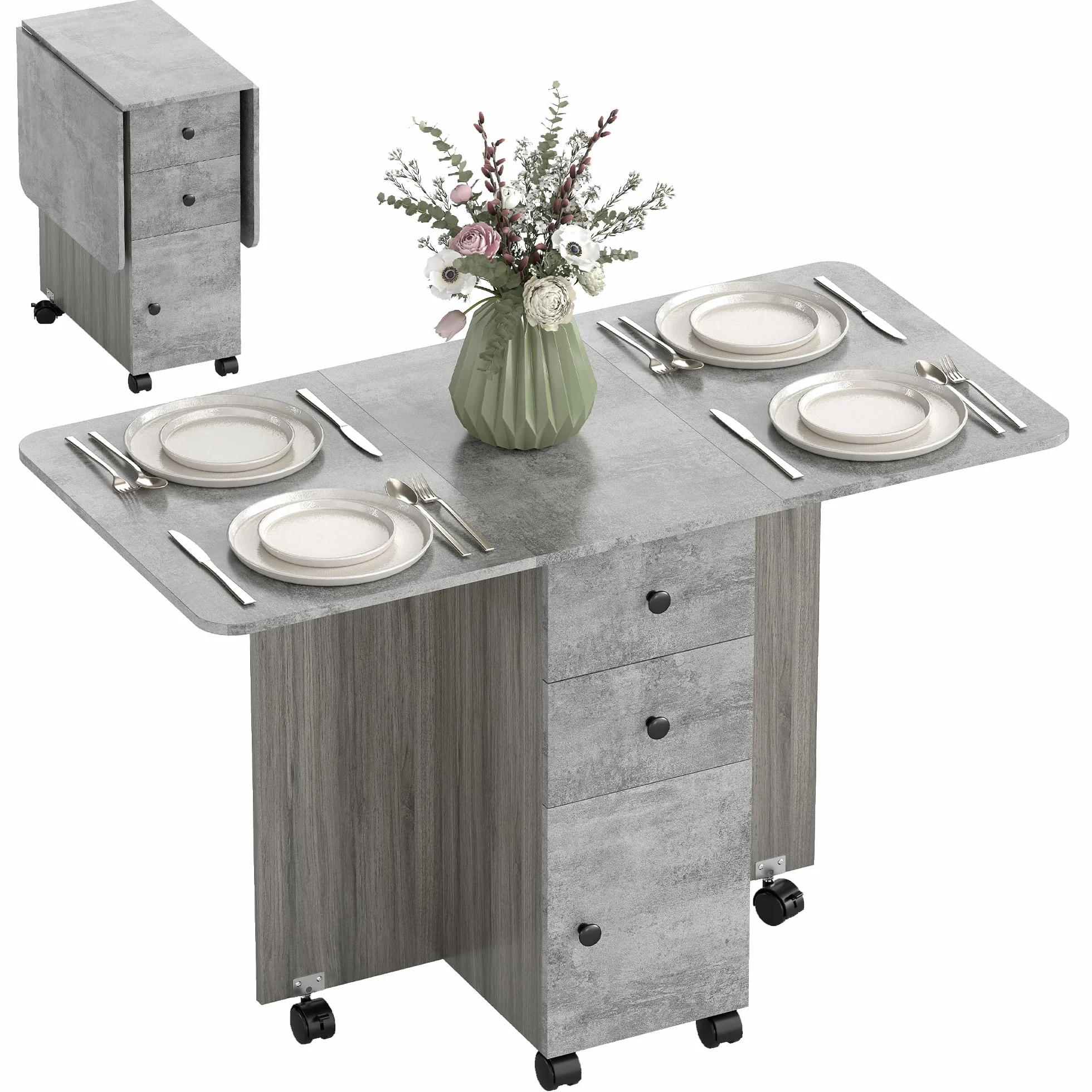 HOMCOM Składany stół kuchenny, składany stół jadalny 2 składane tace z 2 szufladami, 1 szafką i 1 półką do przechowywania 120 x 60 x 76,5 cm - szary