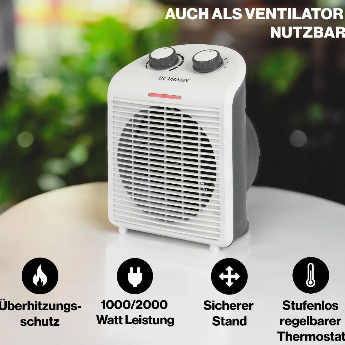 Bomann Termowentylator - Nagrzewnica elektryczna - Nagrzewnica - Przenośna i kompaktowa nagrzewnica 2 poziomy ogrzewania (1000/2000 W) Biały/HL 660401 CB BOMANN