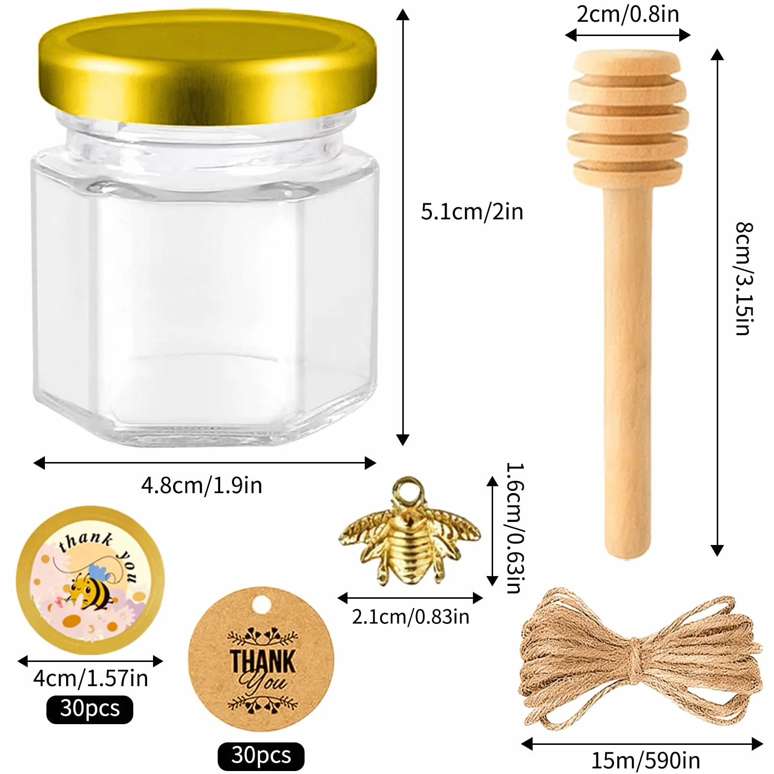 Zestaw 30 mini słoików do miodu 45 ml, mini słoiki na miód z drewnianą łyżeczką do miodu + etykietami pszczół + lina konopna słoiki na dżem + kartki z podziękowaniami na baby shower, wesela