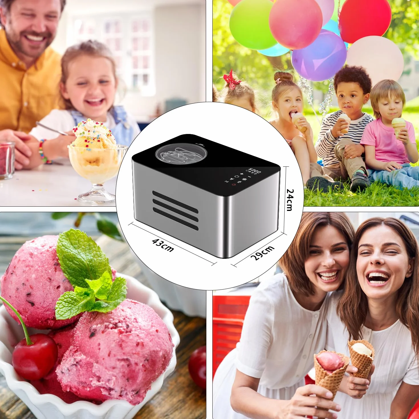 Vpcok Direct Maszyna do lodów z kompresorem,2L,150 W, Samonagrzewająca się Maszyna do Lodów, ze Stali Nierdzewnej, z 4 Trybami Produkcji, Wyświetlaczem LED, Panel Dotykowy do Lodów, Mrożonego