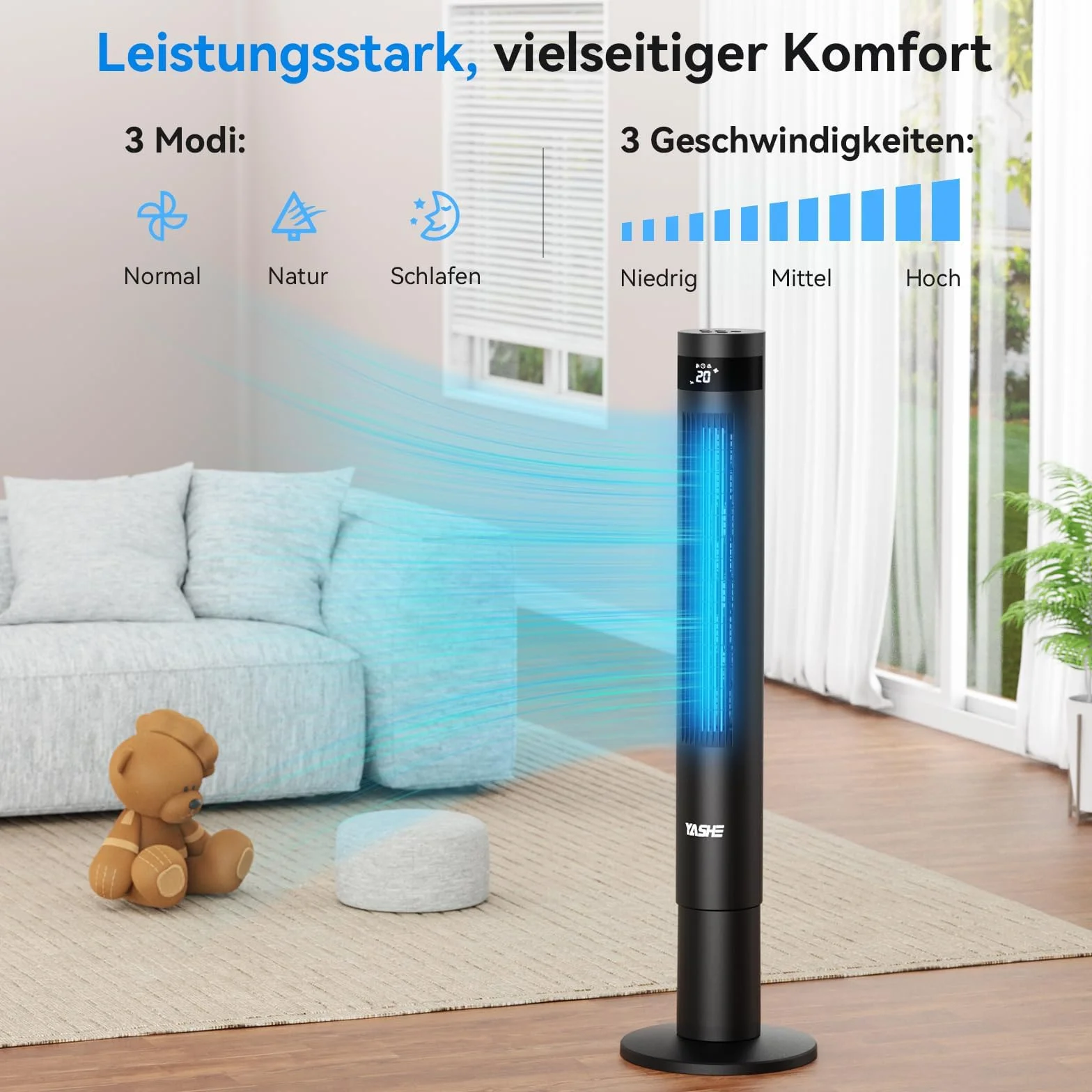 YASHE Wentylator kolumnowy 43", cichy wentylator kolumnowy 28 dB, wentylator oscylacyjny 85° z wentylatorem wieżowym z pilotem, timer 12 godzin, 3 prędkości, 3 tryby wiatru