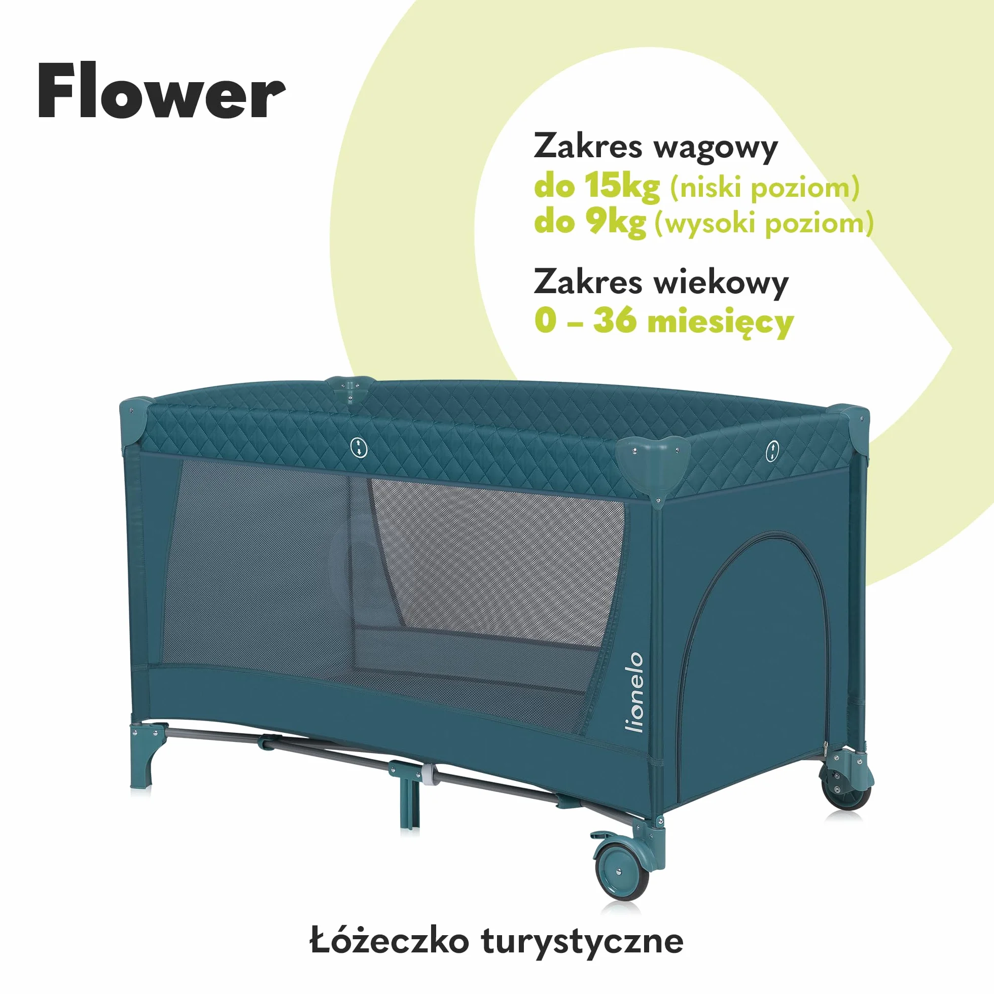 Lionelo Flower Łóżeczko Turystyczne Dla Niemowląt Z Wejściem Bocznym, Przewijak Dwie Wysokości Materaca, Łuk Zabawkowy Z Figurkami Do Zabawy, Kółka, Torba Do Noszenia