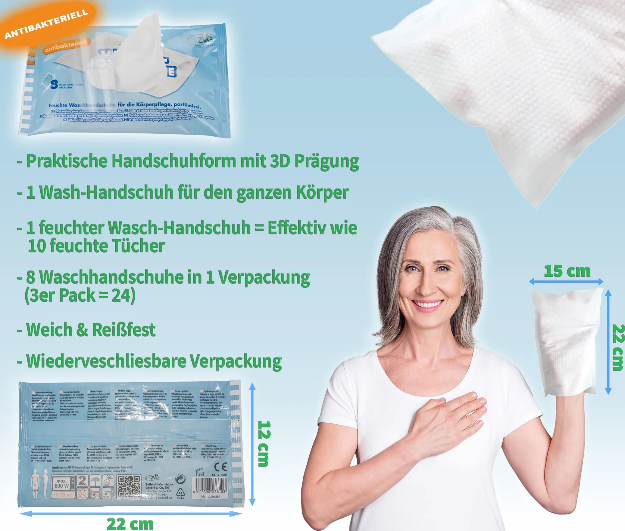 Generisch ZVG 3 opakowania mokrych antybakteryjnych rękawic do mycia (24 sztuki), rękawiczki do mycia bez perfum, rękawice do mycia na mokro, rękawice do mycia dla pacjentów leżących, jednorazowe mycie