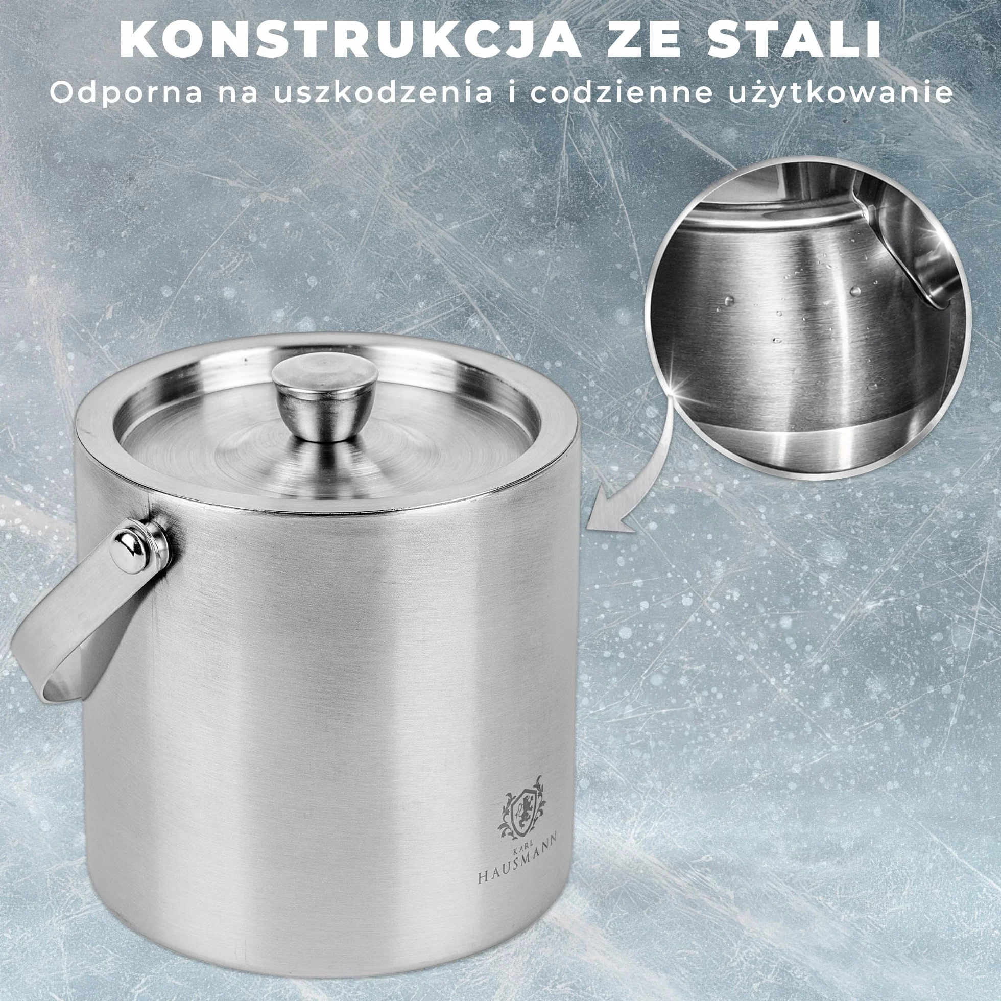 KARL HAUSMANN Wiaderko do Lodu 1,3L z Pokrywką, Szczypcami i Sitkiem - Srebrny Pojemnik na Lód Stal Nierdzewna, Podwójne Ścianki, Lód Suchy Dłużej, Do Drinków, Barku i Domu