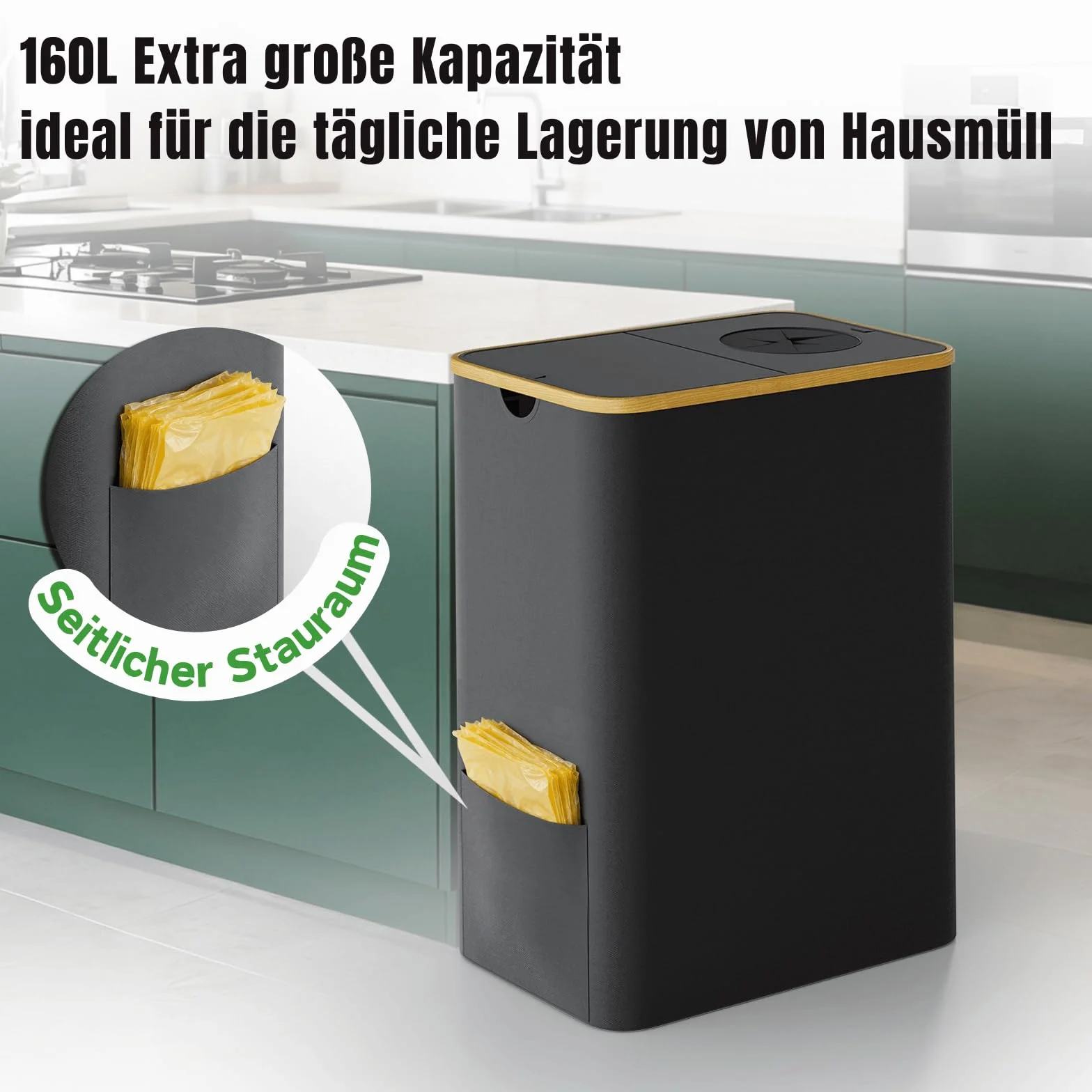 RMAN 160 l, żółty stojak na worki na śmieci, pojemnik na śmieci z pokrywką, 2 w 1, wodoszczelny, składany, z 10 żółtymi workami na śmieci, do kuchni, gospodarstwa domowego, czarny