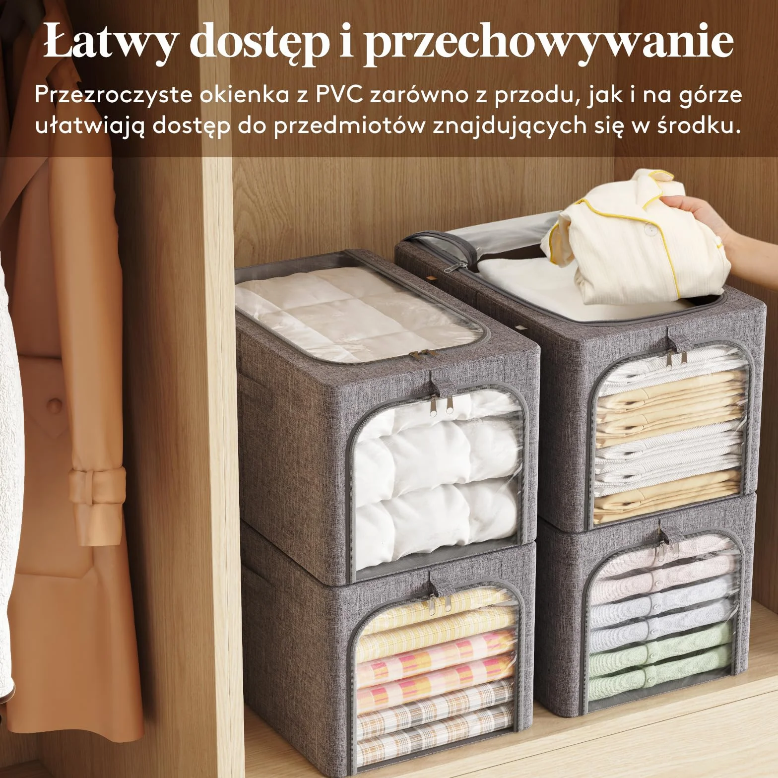 Lifewit 4 pojemników do przechowywania z metalową ramą, składane pojemniki do przechowywania, 40-litrowe torby do przechowywania z przezroczystym okienkiem＆ zamki błyskawiczne, solidne uchwyty