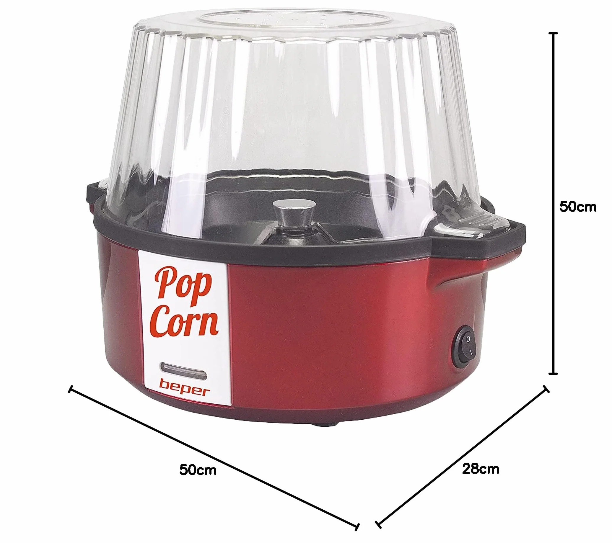 BEPER P101CUD050 Maszyna do popcornu, popcorn, powłoka nieprzywierająca, gotowanie na masło/oleju, stalowa łopata obrotowa, pokrywa zamienia się w miskę, łyżka w wyposażeniu, czerwona