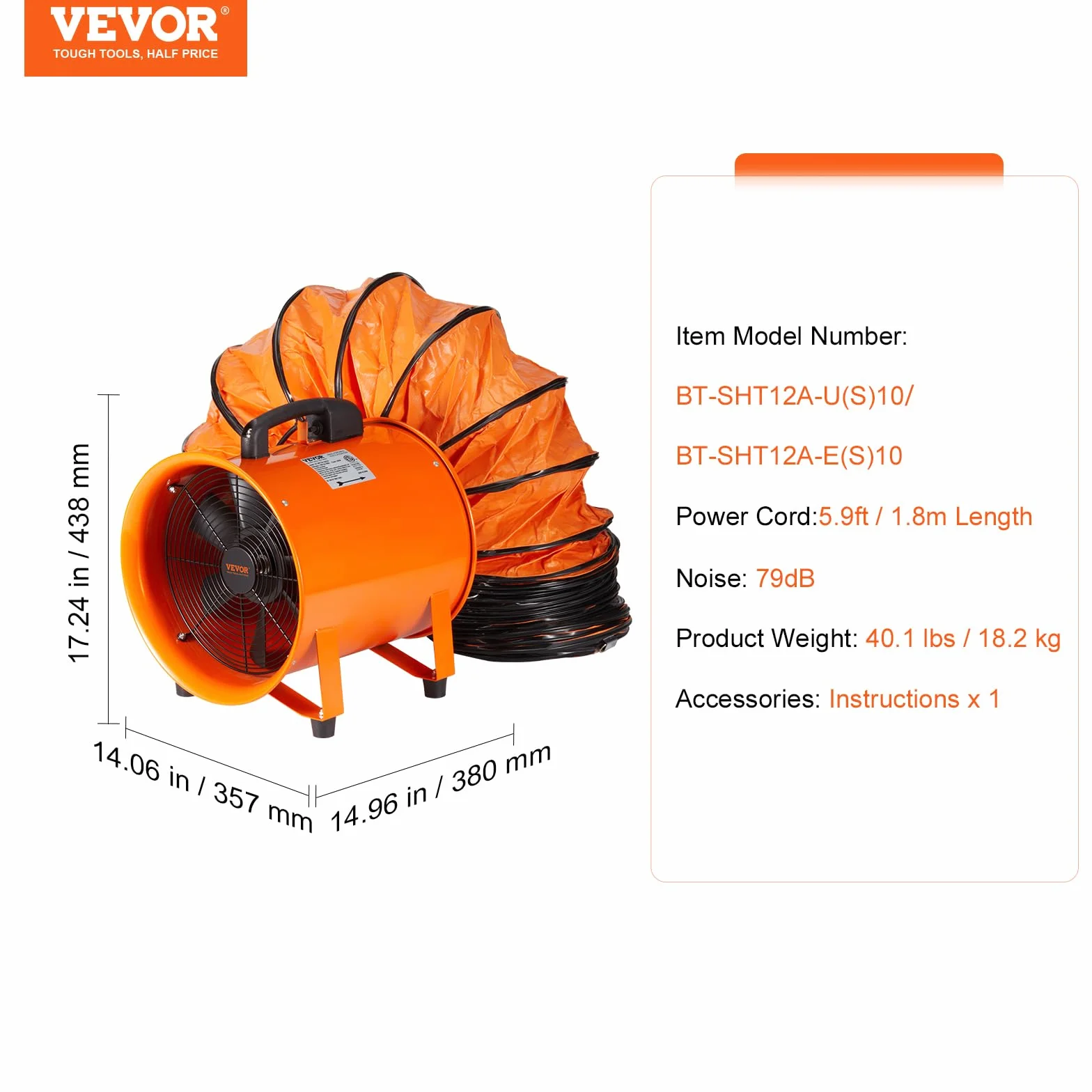 VEVOR Wentylator budowlany 367 W AC - dmuchawa budowlana 2800 obr./min, 2574 CFM (4373 m3/h), wentylator osiowy z wężem 10 m, dmuchawa osiowa, poziom hałasu 79 dB