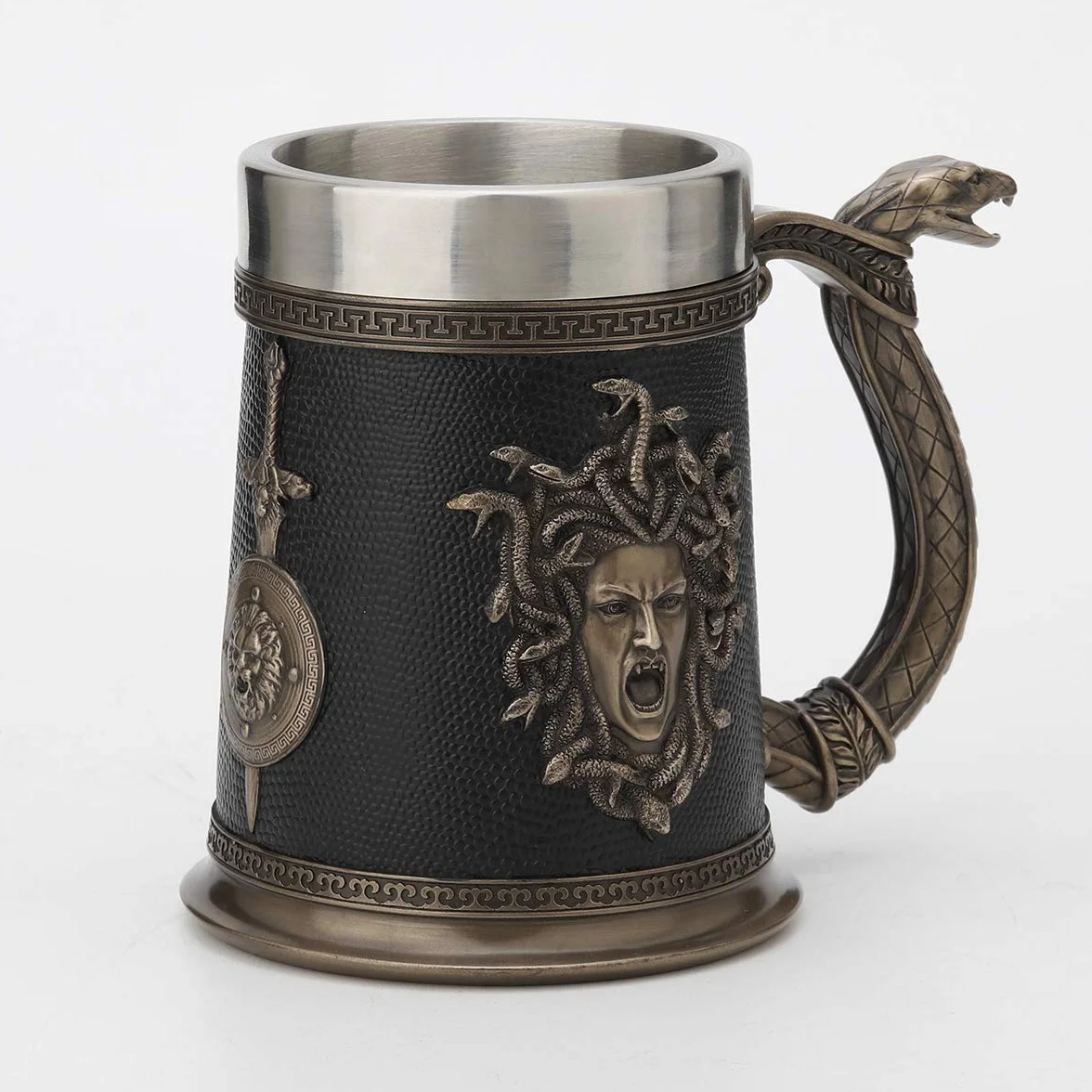 Veronese Design 14 cm grecki kufel do piwa meduzy odlew na zimno żywica antyczny brąz wykończenie statua dekoracja domu