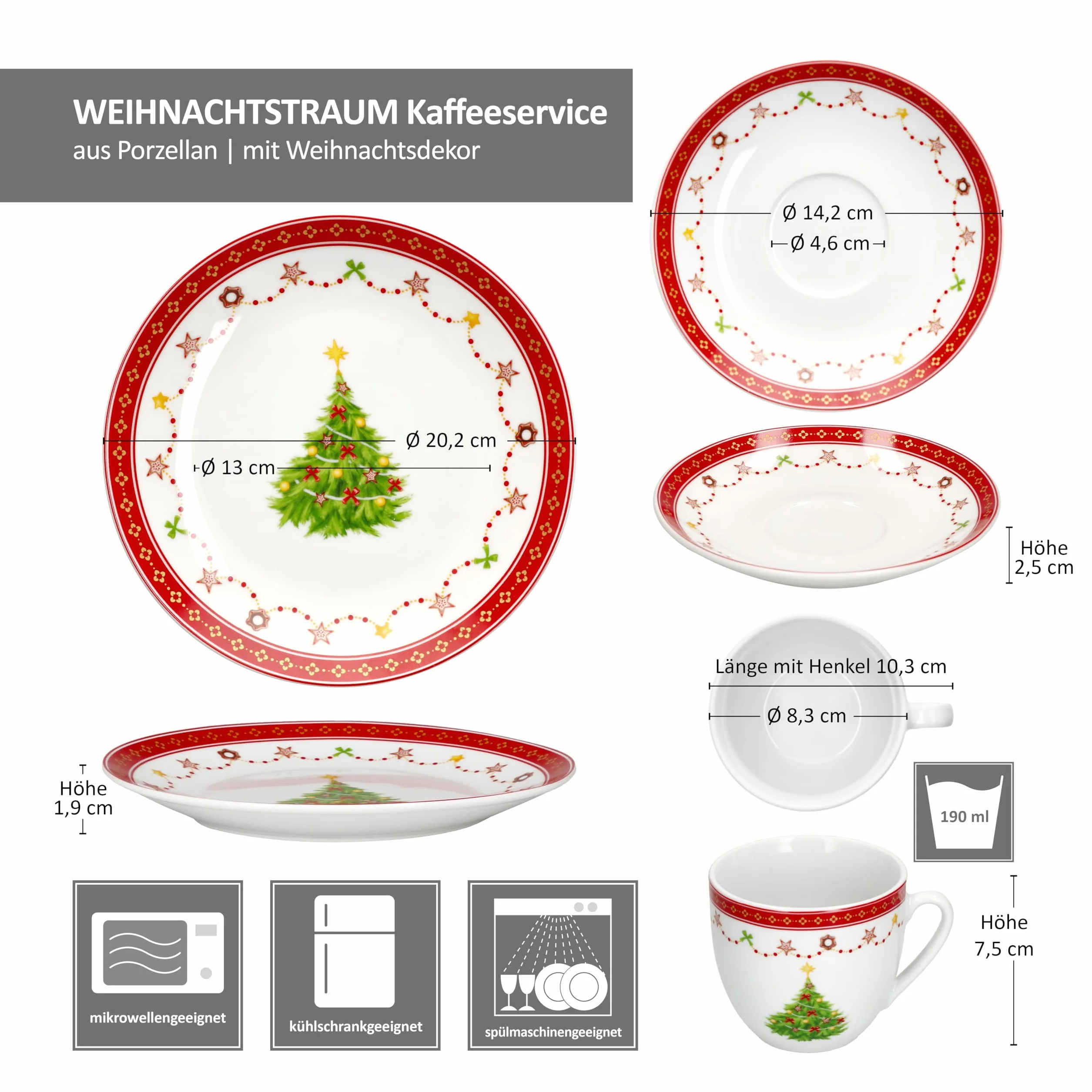 MamboCat Weihnachtstraum 18-częściowy serwis do kawy, porcelanowy zestaw do kawy dla 6 osób z dekoracją bożonarodzeniową, po 6 filiżanek do kawy 190 ml, spodki i talerze do ciasta, naczynia na Boże