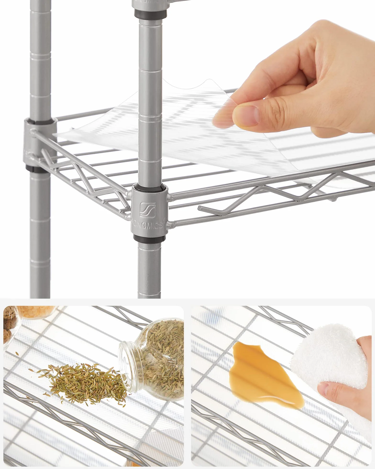 SONGMICS Stojak na przyprawy z 3 poziomami, organizer kuchenny, wykonany z metalu, z panelami PP, regulowany poziom półek, 40 x 15 x 39,5 cm, srebrny matowy LGR025E01