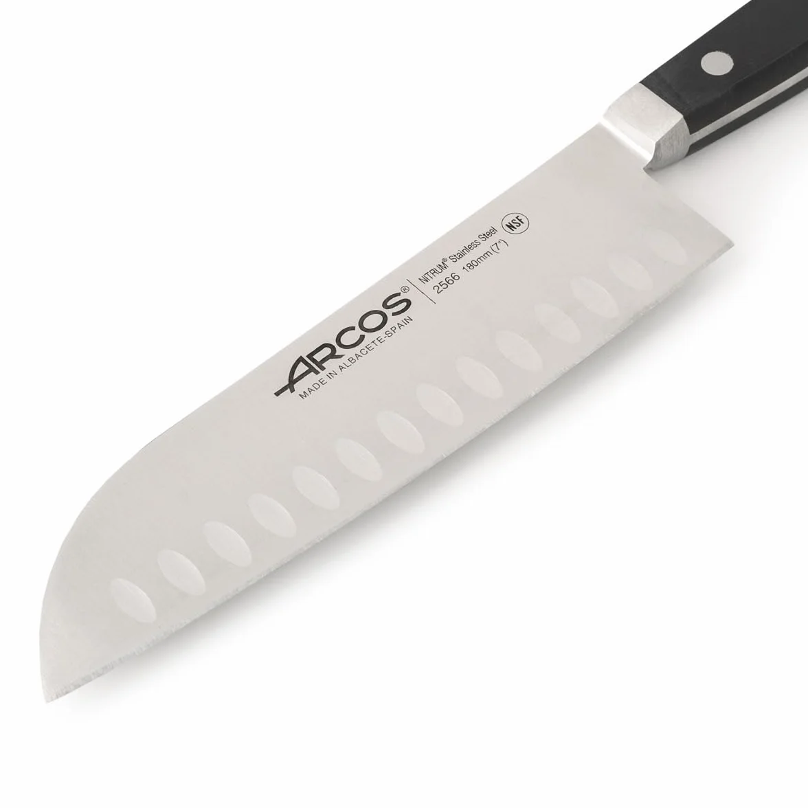 Arcos 256600 Seria Clasica - nóż Santoku nóż w stylu azjatyckim, ostrze z kutej stali nierdzewnej nitrom, 180 mm, uchwyt z polioksymetylenu (POM) kolor czarny