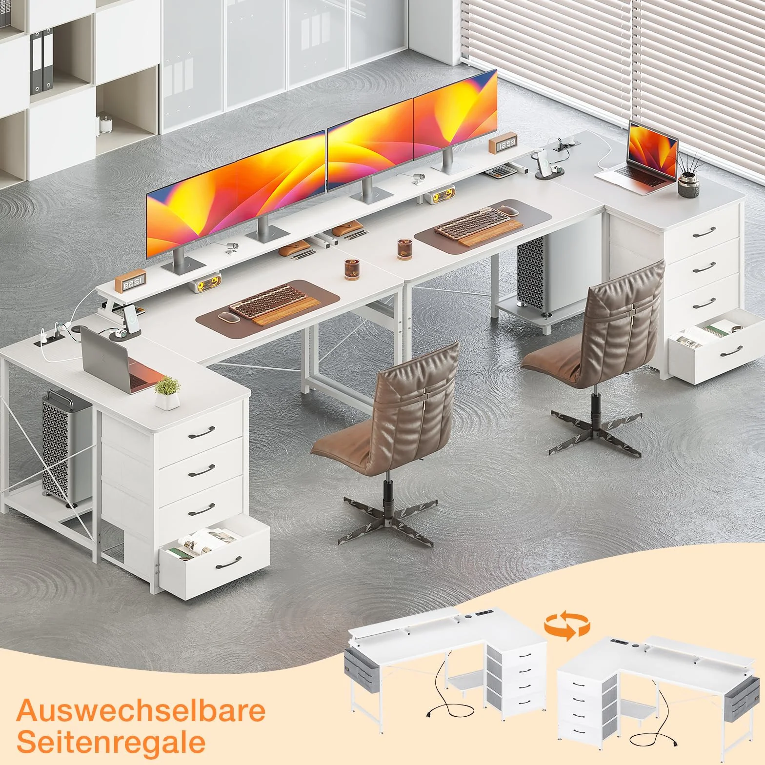 ODK Biurko narożne w kształcie litery L z 4 szufladami, dwustronne, z 2 przyłączami do ładowania USB i 2 gniazdami, z półką na monitor do domowego biura, 140 x 80 x 84,7 cm, białe