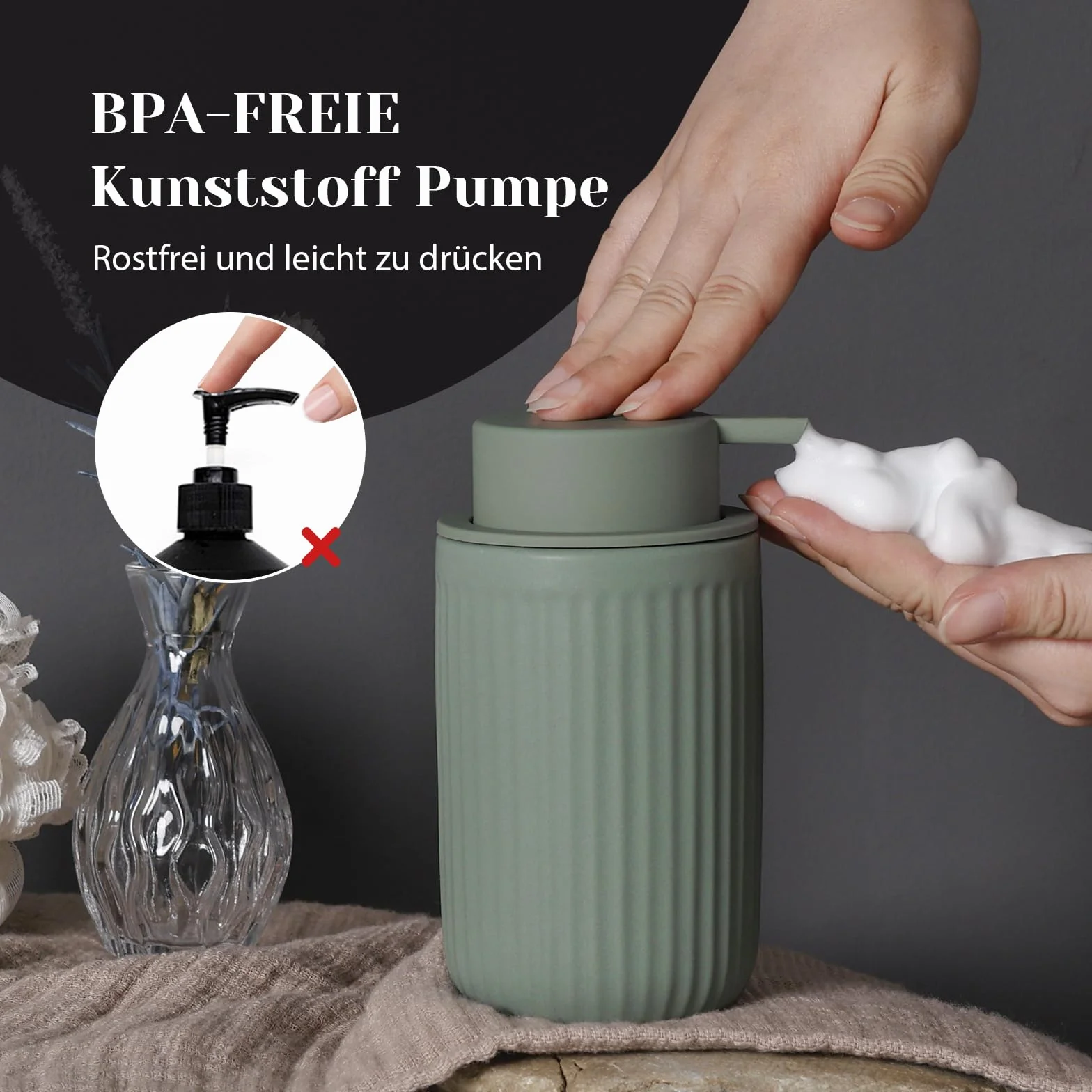 Dozownik mydła w piance, zielony, 350 ml, dozownik płynu do mycia naczyń z głowicą pompki piankowej, do wielokrotnego napełniania, ceramiczny matowy zielony, dozownik mydła do kuchni