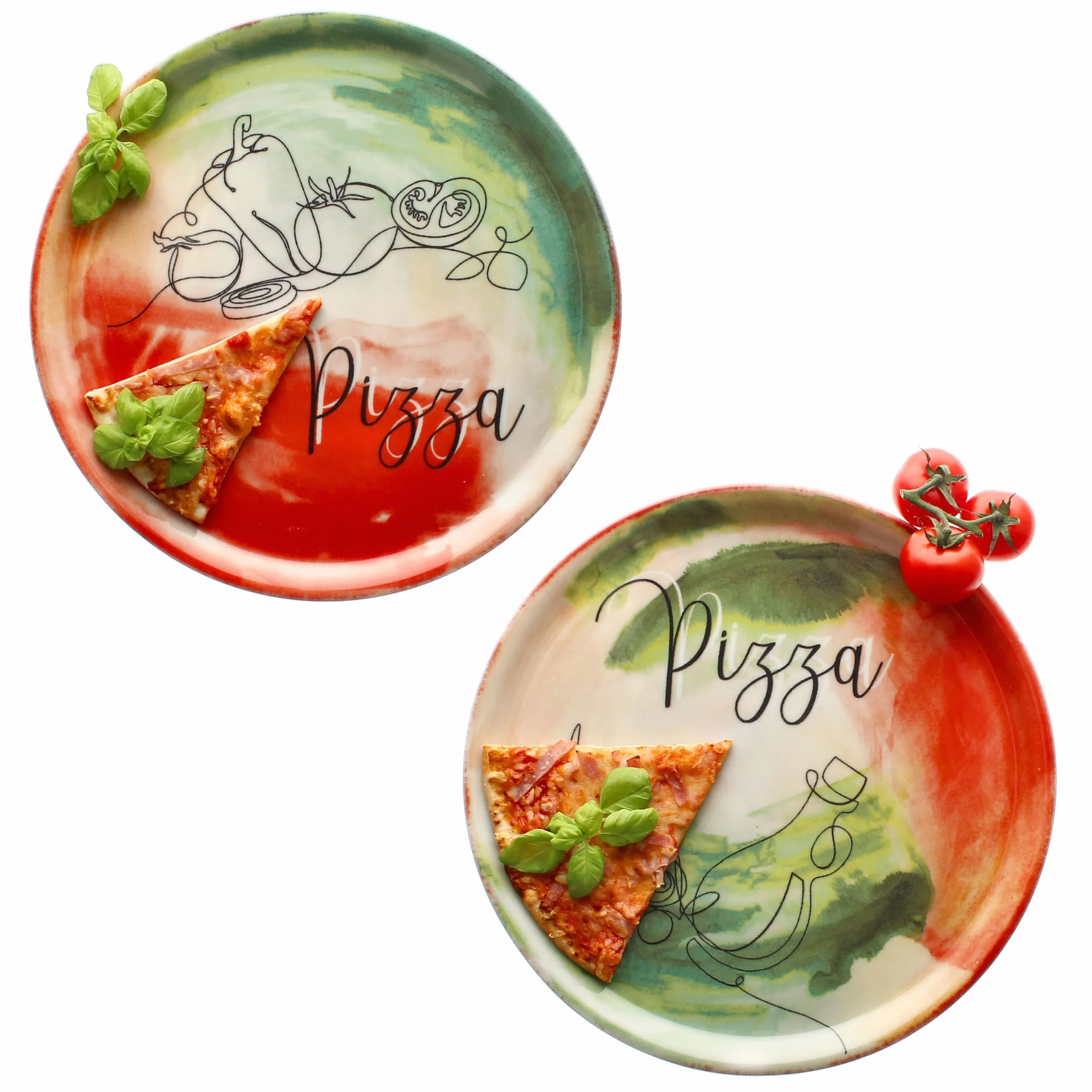 MamboCat Zestaw 2 talerzy do pizzy z warzywami i olejem, Ø 31 cm, dla 2 osób, duże talerze do pizzy z porcelany z dekoracją i napisem, do pizzy lub do przyrządzania I talerz obiadowy XL, półmisek do
