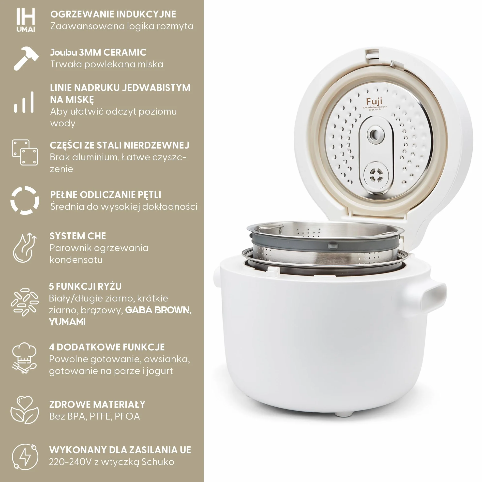 Yum Asia Fuji Rice Cooker z ogrzewaniem indukcyjnym (IH) i powłoką ceramiczną Joubu (5 filiżanek, 1 litr) 5 funkcji gotowania ryżu, 4 funkcje multicookera, ukryty wyświetlacz LED
