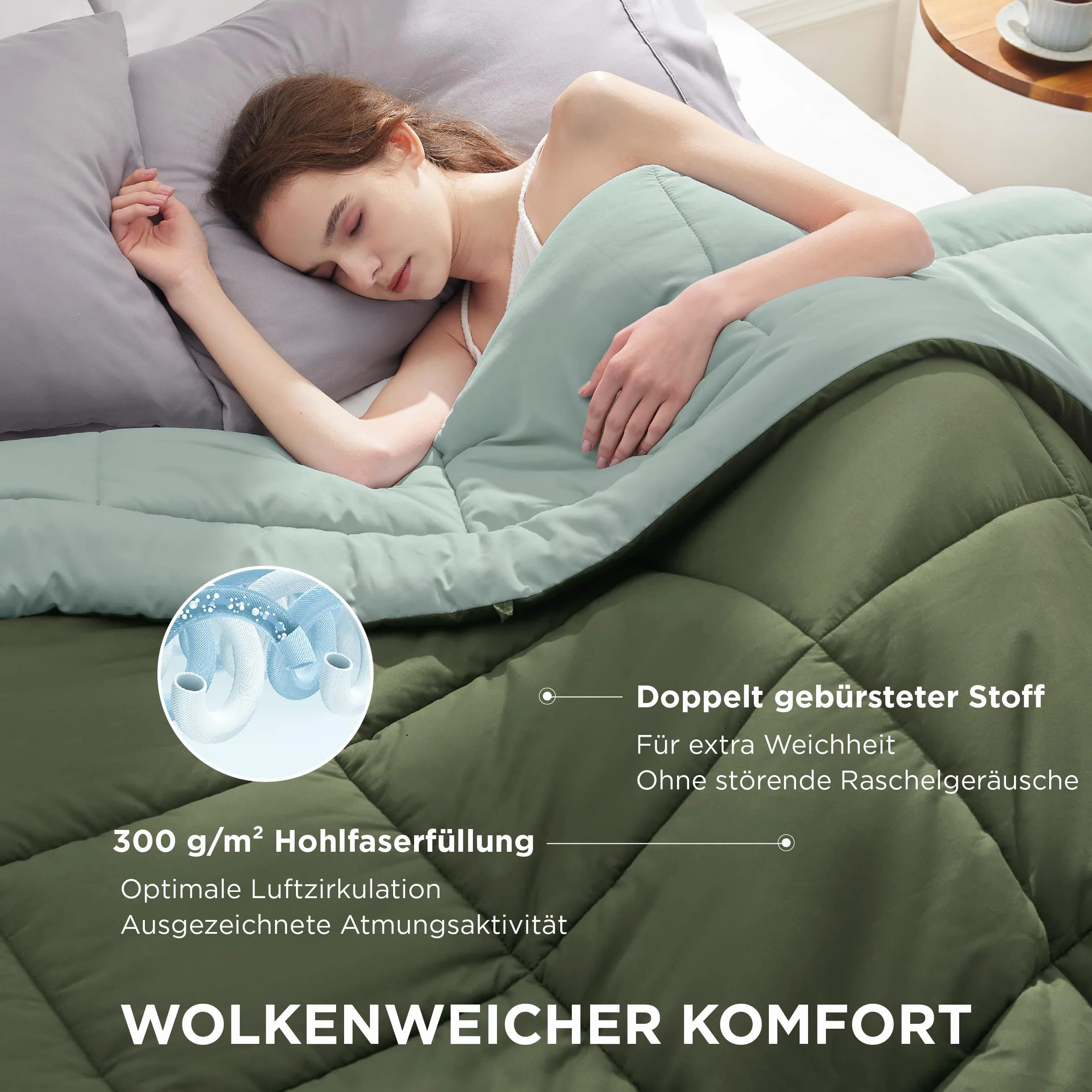 BEDSURE Kołdra pikowana, 200 x 200, całoroczna, Steppdecke - kołdra bez obicia 200x200cm, gramatura 300 g/m², na 4 pory roku, dwustronna, brązowo-zielona/lodowoniebieska, miękka, ciepła, nadaje się