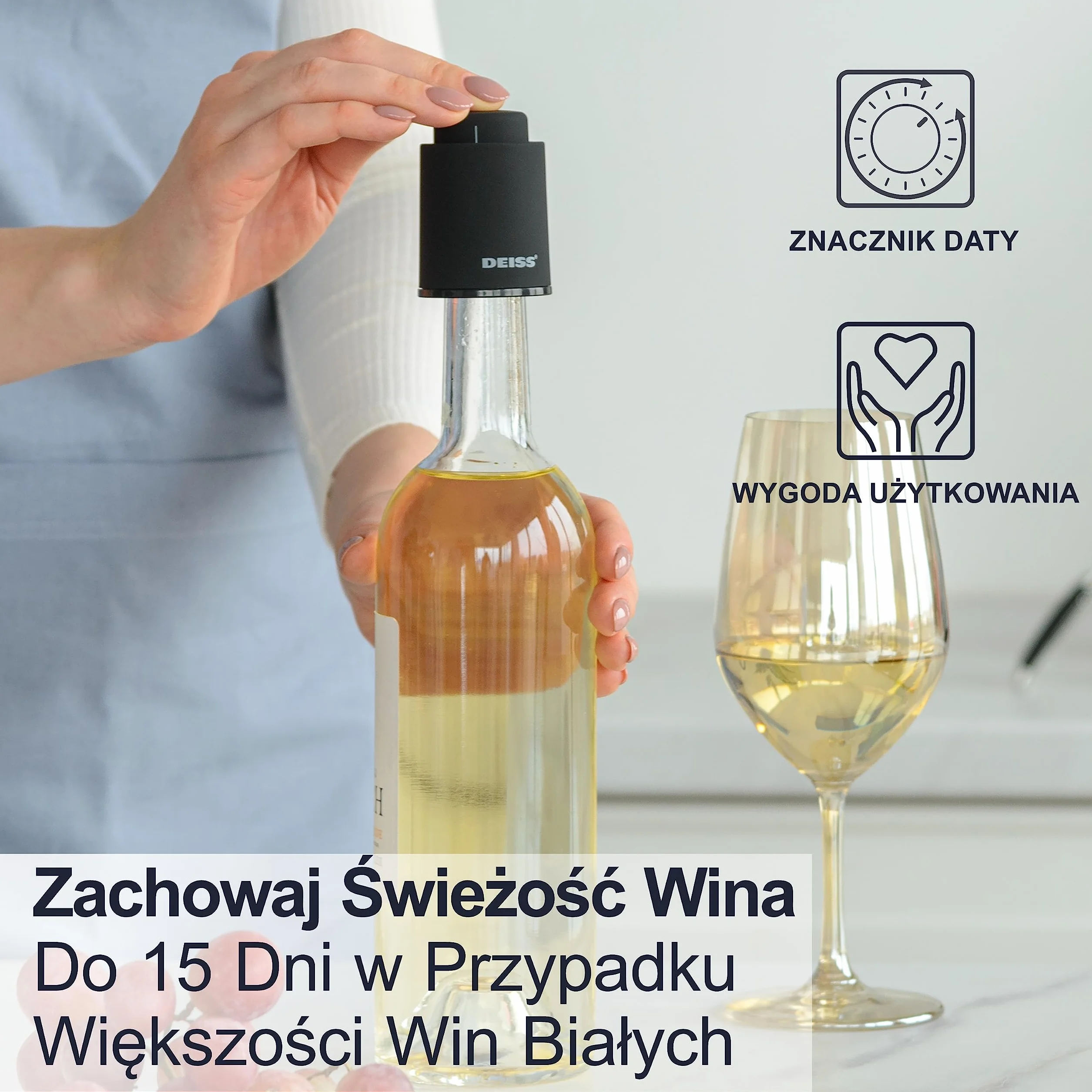 Deiss LUX [2 SZT.] Korki do butelek wina, korki do wina wielokrotnego użytku, pompka próżniowa do wina ze znacznikami daty, korek do wina, korek do wina, zapewniający świeżość