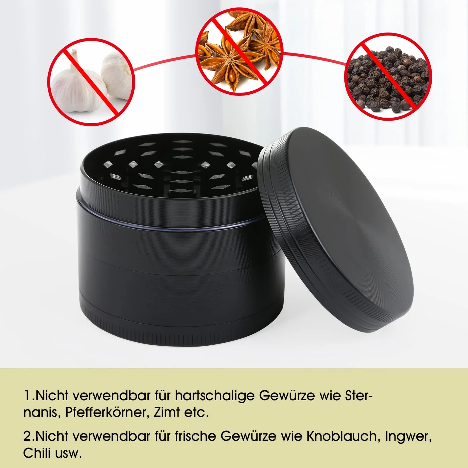 Bäcker & Lecker Pollen Grinder Crusher młynek do ziół, suszonych ziół, przypraw, ze stopu cynku, 4-częściowy zestaw ze skrobakiem do pyłków, czarny