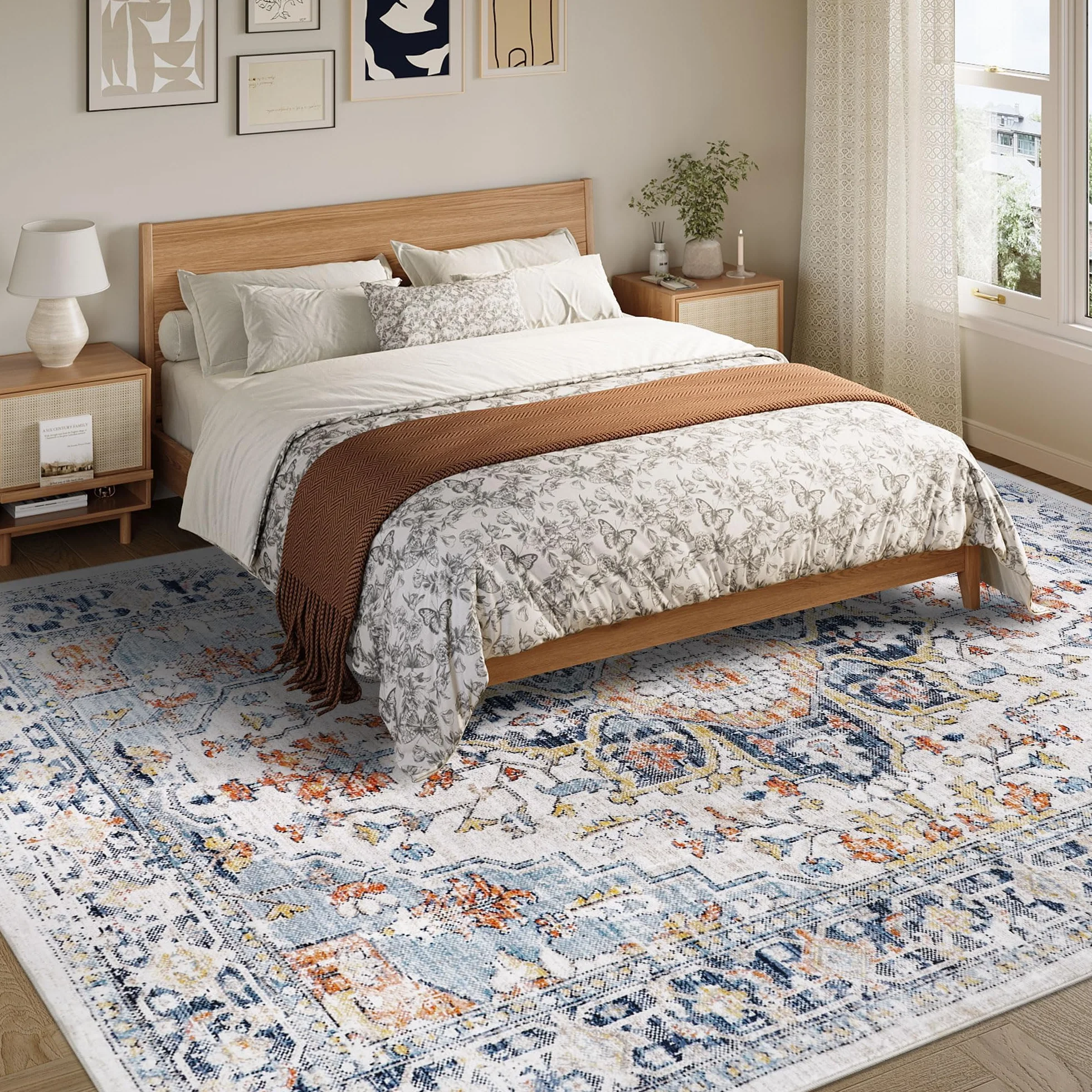 Homcomodar Dywan Zmywalny 200 x 290 cm Boho Vintage Cienki Niskie Runo