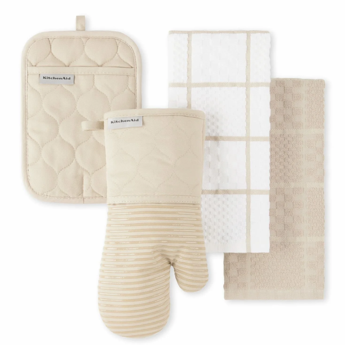 KitchenAid Pikowana rękawica do piekarnika z bawełny frotte, uchwyt na garnek, ręcznik kuchenny, zestaw 4 sztuk, silikonowy uchwyt, 41 x 66 cm, 18 x 33 cm i 18 x 25 cm, kremowe (Milkshake)