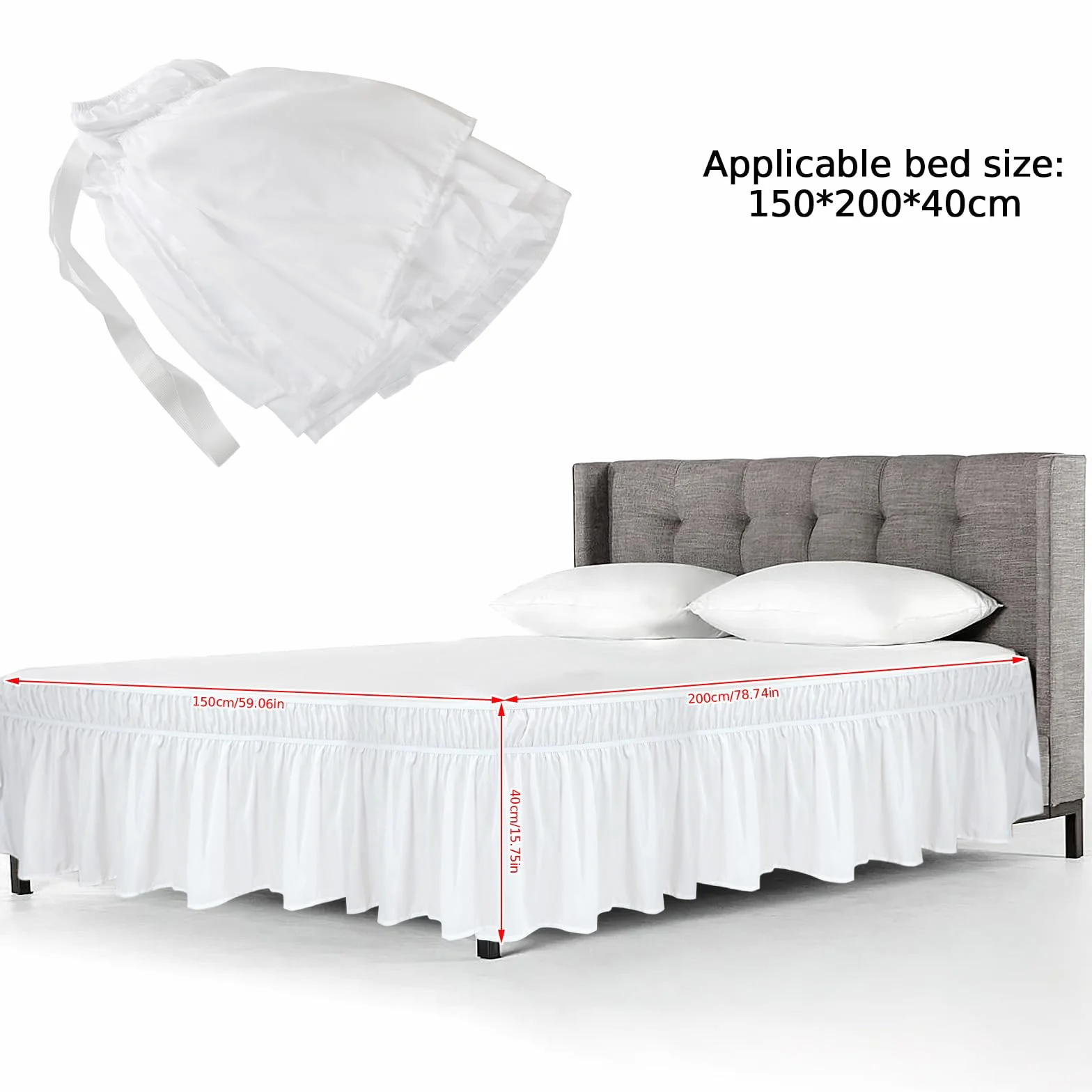 Spódnica na łóżko z falbankami, poszewka na materac 150x200 cm, pościel z falbankami z podwójnym gumowym paskiem, gładka spódnica na łóżko, elastyczna owijająca spódniczka na łóżko na wysokość 40 cm