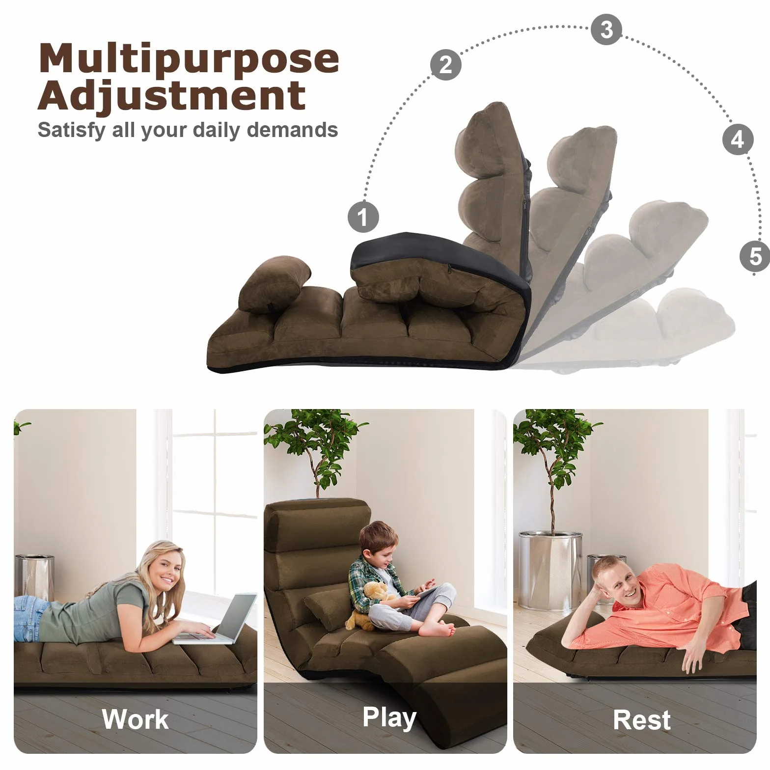 LIFEZEAL Sofa podłogowa składana, leżak bujany, regulowany w 5 pozycjach, krzesło podłogowe, fotel podłogowy z poduszkami, maksymalna nośność 105 kg (kawowa)