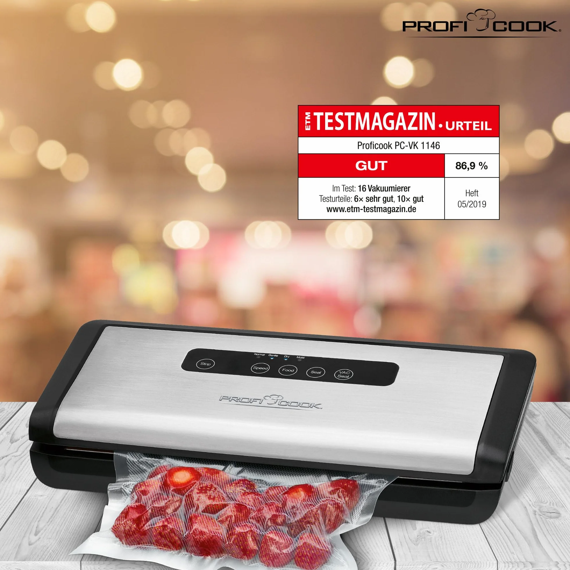 Proficook PC-VK 1146 Automatyczne Urządzenie Do Pakowania Próżniowego z Elektronicznym Czujnikiem Dotykowym, 120 W, Stal Szlachetna, Czarny/Srebrny