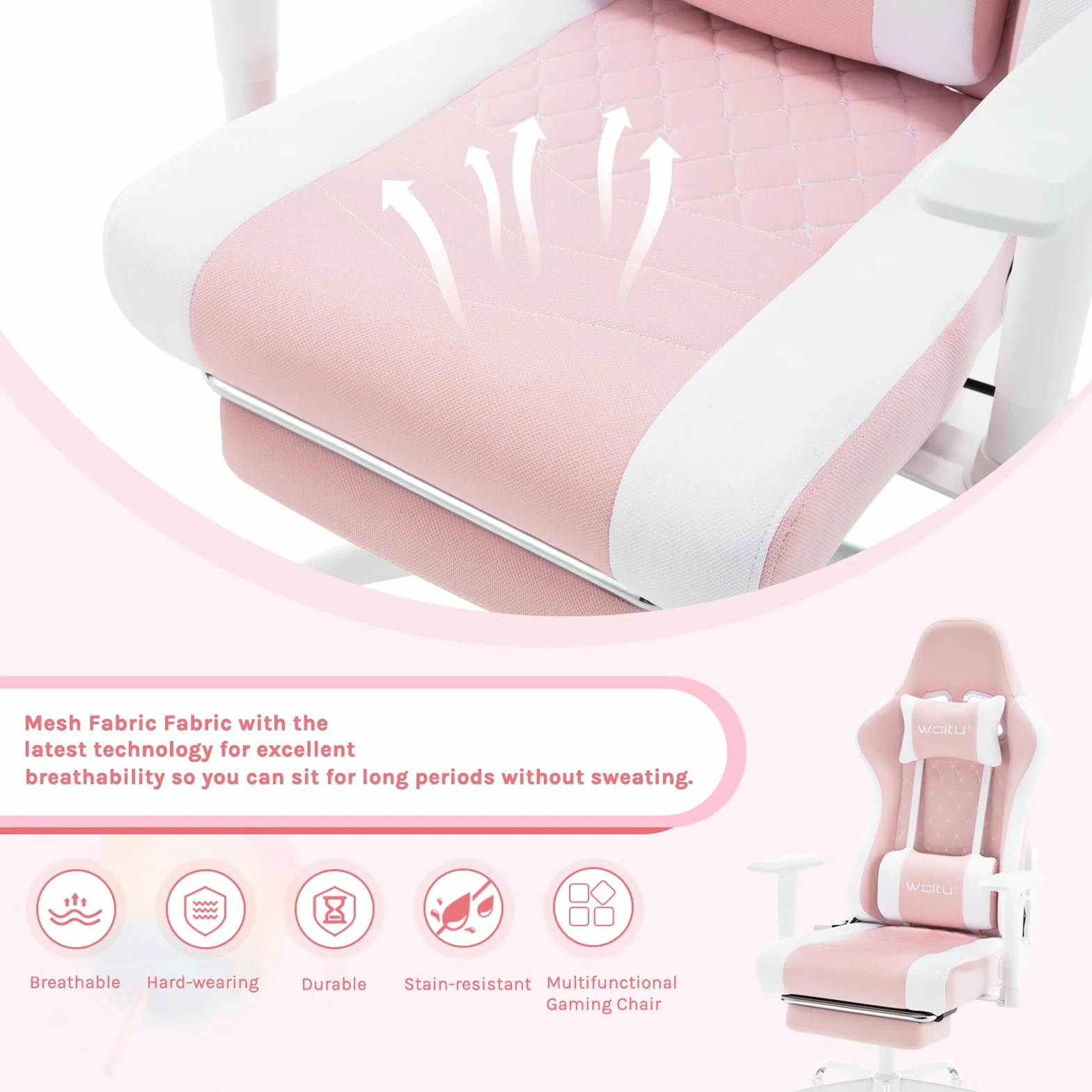 WOLTU Fotel dla Graczy z Masażem, Ergonomiczne Krzesło Biurowe z Zagłówkiem i Podparciem Lędźwiowym, Odchylany, 150 kg, Tkanina Siatkowa, Różowy + Biały, GS14rsw