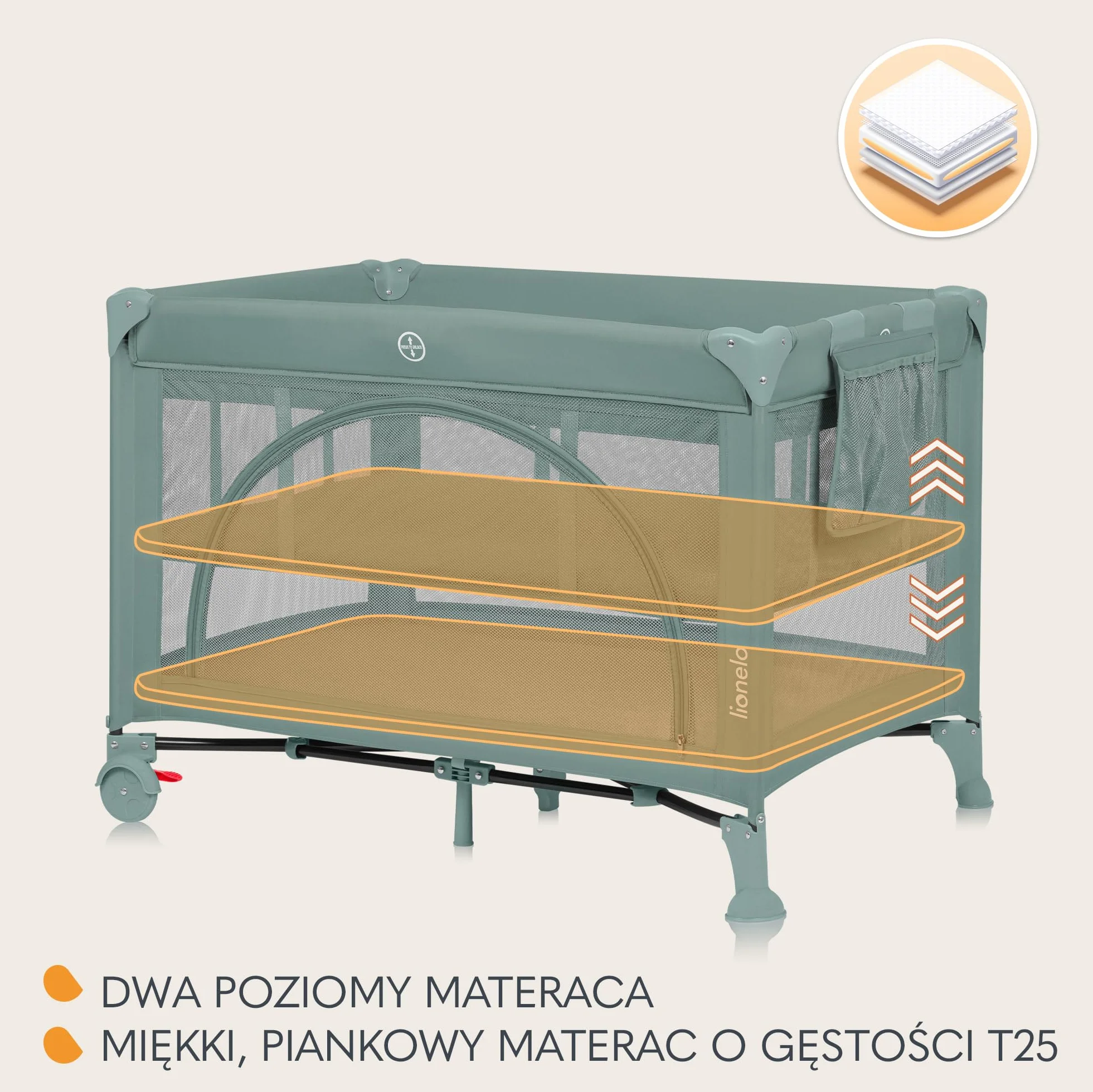 LIONELO LAURA Łóżeczko Turystyczne 2w1 do 15 Kg Kojec dziecięcy od 0 do 36 miesięcy Boczne Wejście Piankowy Materac T25, 2 Poziomy Wysokości, Torba Podróżna, Koła z Hamulcem