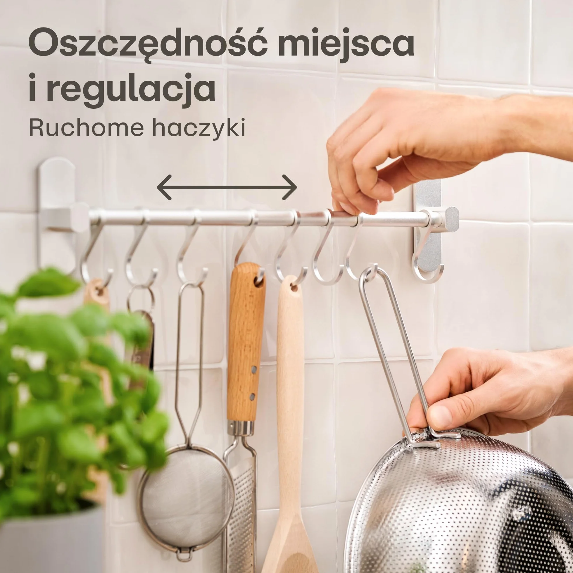 Listwa z haczykami na przybory kuchenne z 8 haczykami – bez wiercenia – samoprzylepna – 40 cm – regulowana