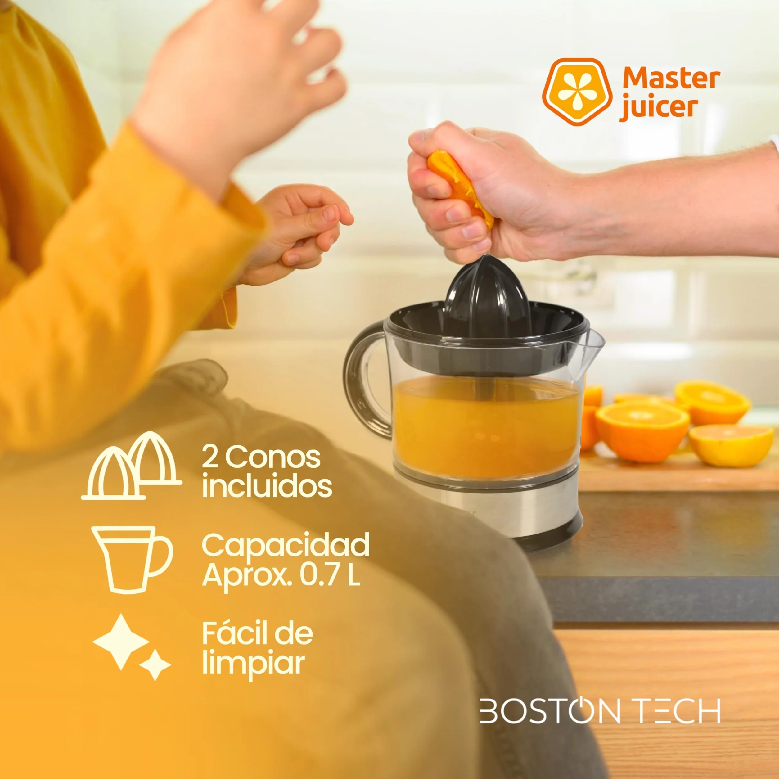 Boston Tech MasterJuicer elektryczna wyciskarka do cytrusów, 40 W, 2 stożki i nie zawiera BPA, 700 ml, wyciskarka do pomarańczy ze stali nierdzewnej, dwukierunkowa rotacja, wysoka wydajność soku i