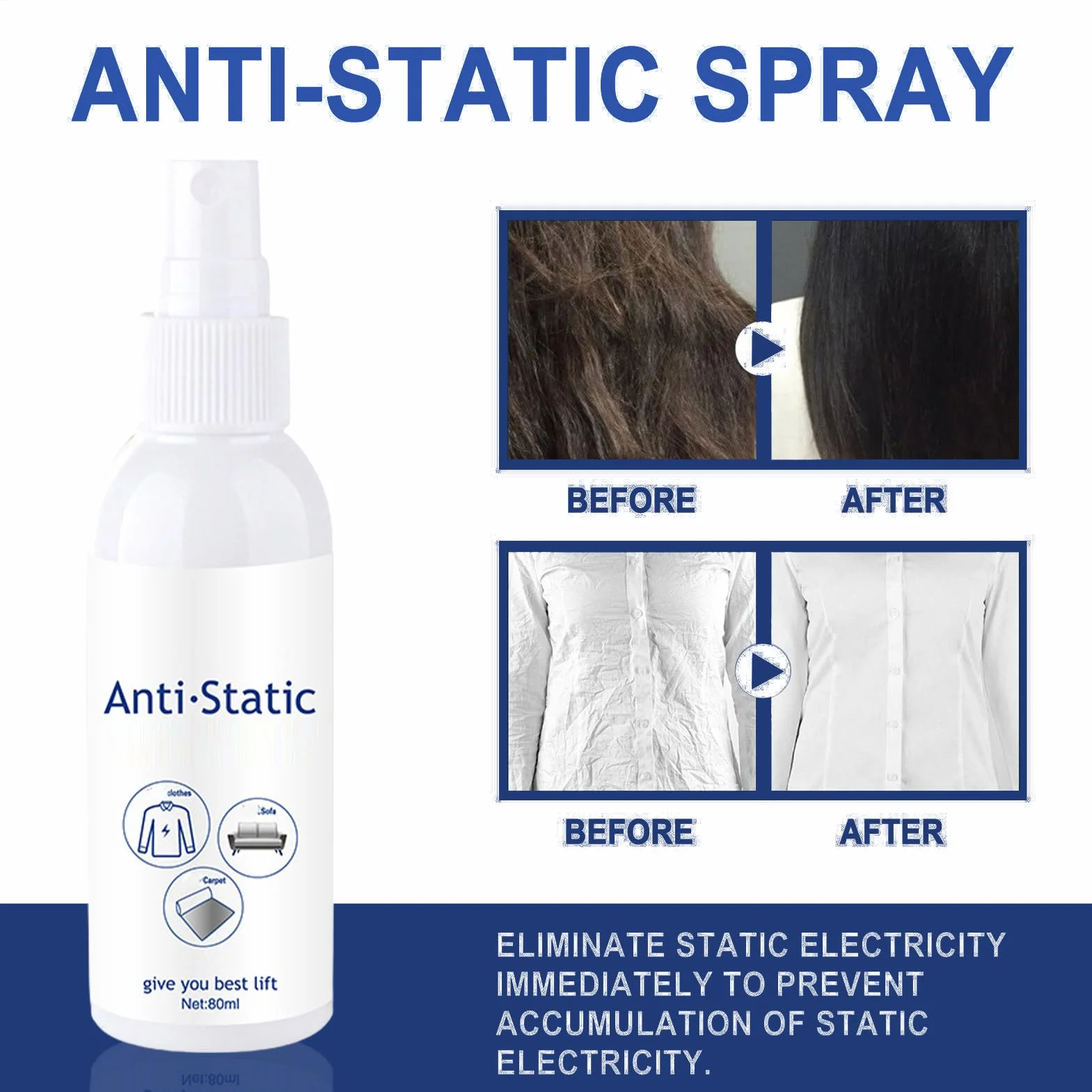 Antystatyczny spray, 80 ml, antystatyczny odświeżacz materiału, bezzapachowy płyn do płukania tkanin o natychmiastowym i długotrwałym działaniu, dla kobiet, mężczyzn i bielizny rodzinnej