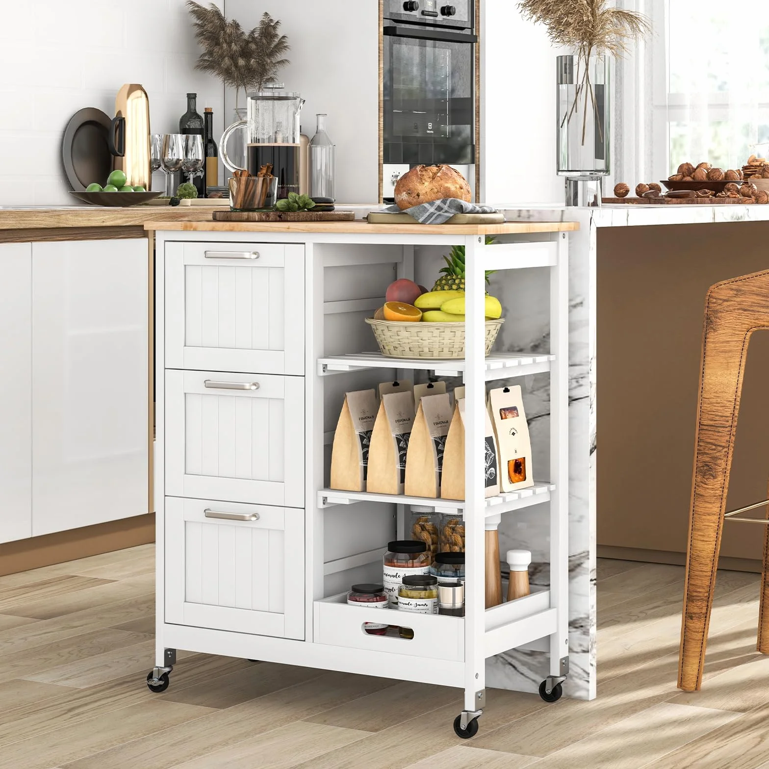COSTWAY Wózek Kuchenny z Tacą 2 Poziomy 3 Duże Szuflady Regał Magazynowy Wyspa Kuchenna z Drewna Kauczukowego i Sosnowego 67x37x82,5 cm