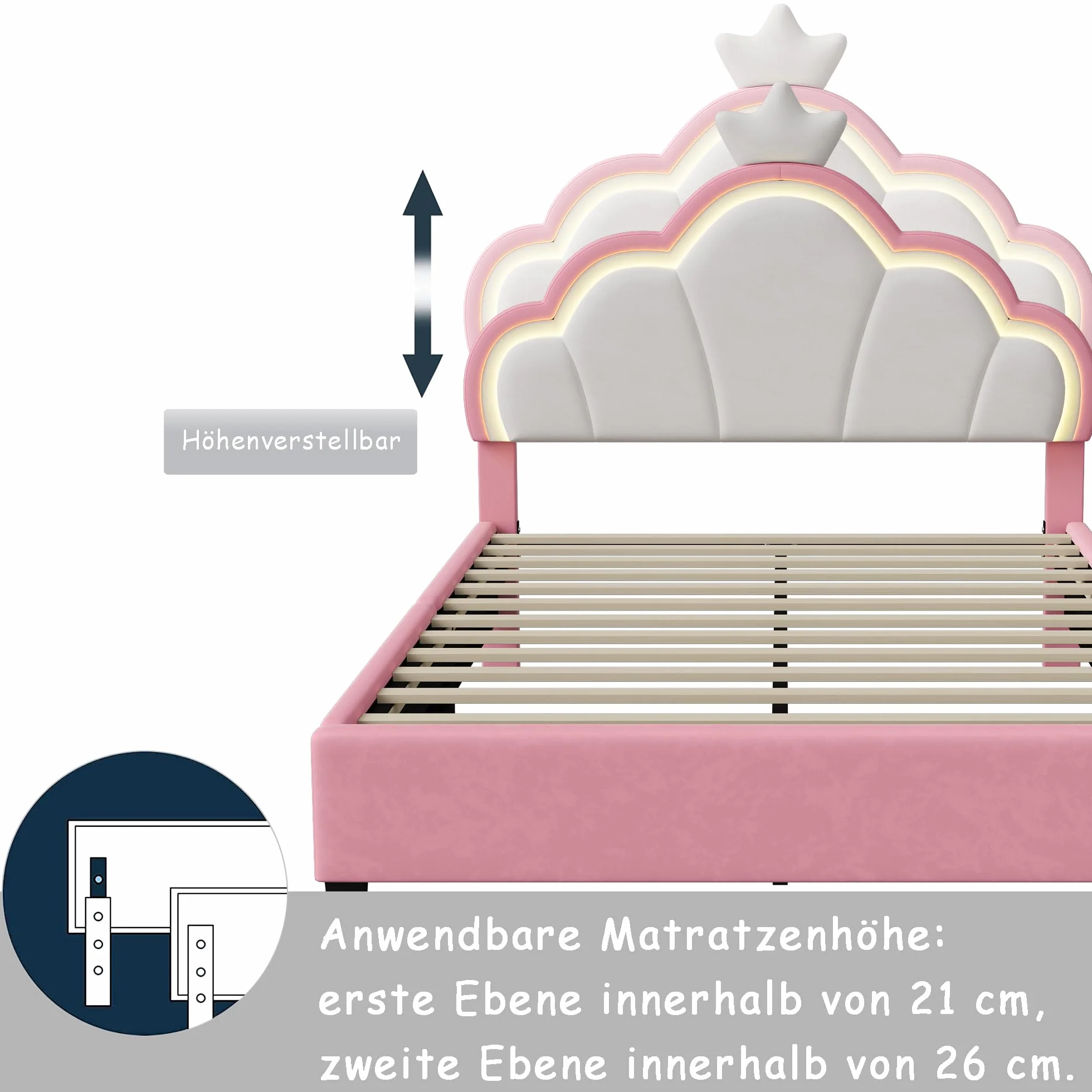 DULRLLY Łóżko dziecięce 140 x 200, łóżko dla dziewczynki, z regulowanym zagłówkiem i oświetleniem LED, łóżko księżniczki, pojedyncze łóżko tapicerowane, rama łóżka dla dziewczynek, bez materaca