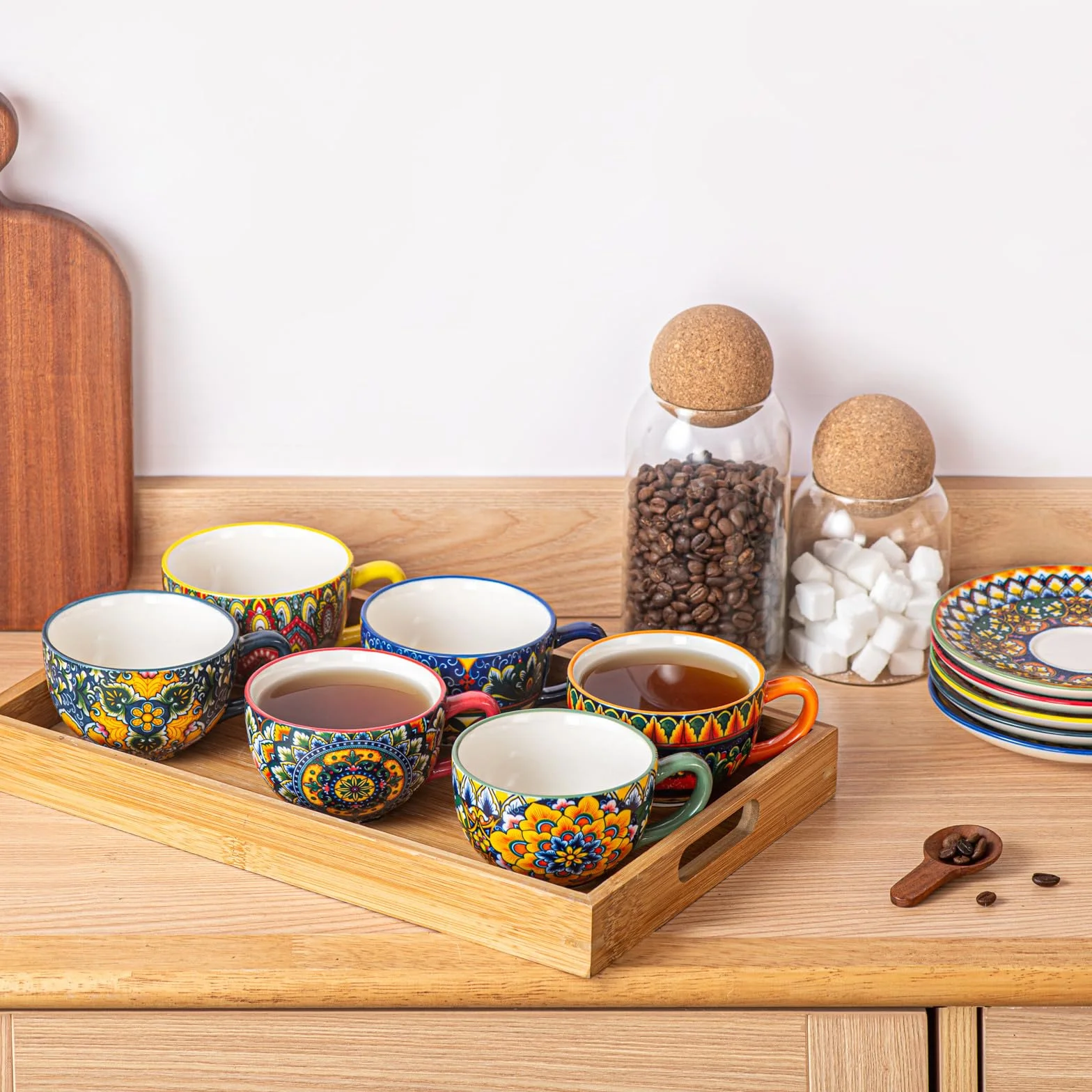 Henten Home Serwis do kawy z porcelany, 12-częściowy zestaw do kawy, kolorowy, ręcznie malowany, zestaw filiżanek do kawy dla 6 osób, zawiera filiżanki do kawy, spodki