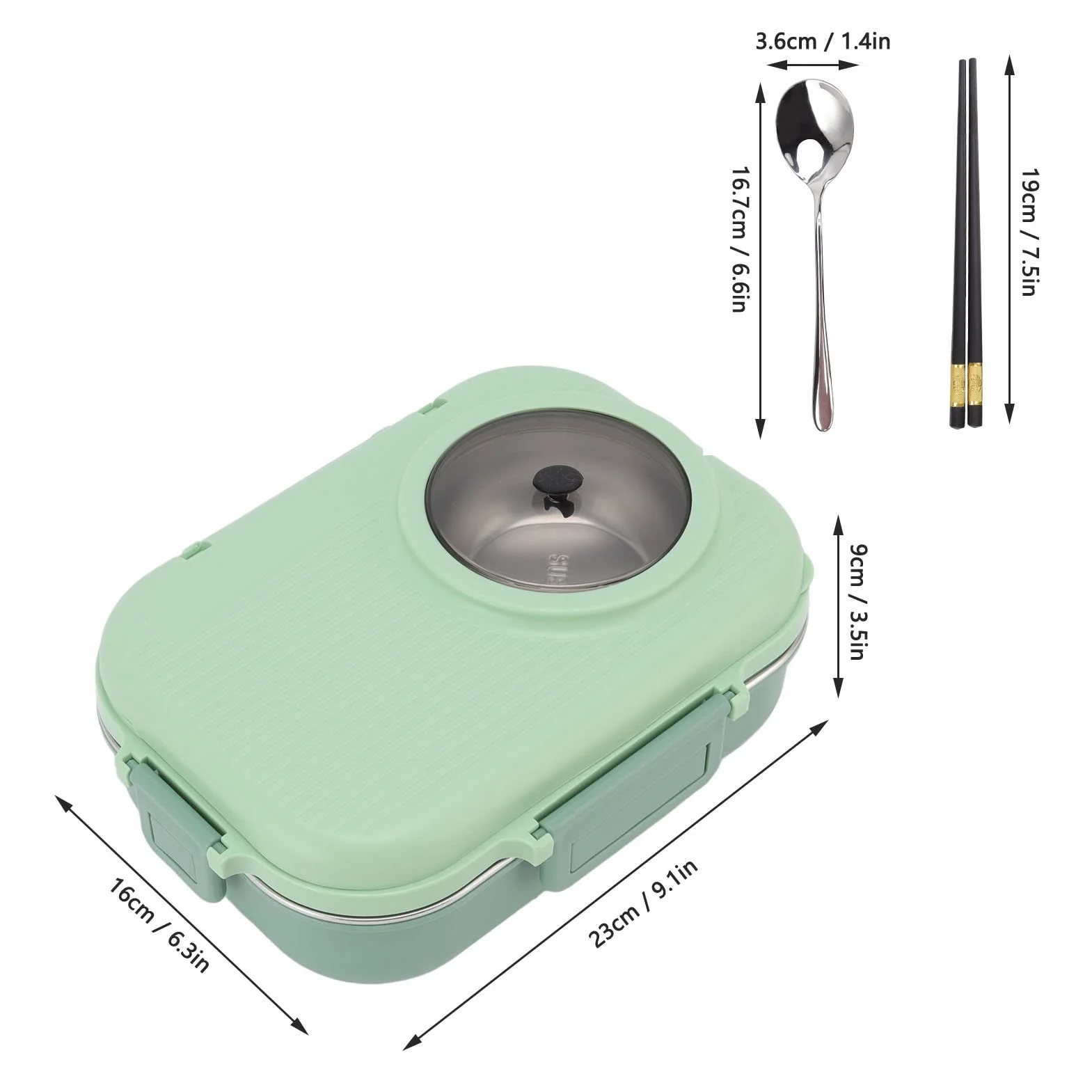 Bento Lunch Box, 1100ml Double Layer 3 Grid Design, 304 Thermal Lunch Box ze Stali Nierdzewnej z Pałeczkami Łyżka Miska na Zupę, Pojemnik na żywność dla Dzieci Studenci Dorośli(Zielony)