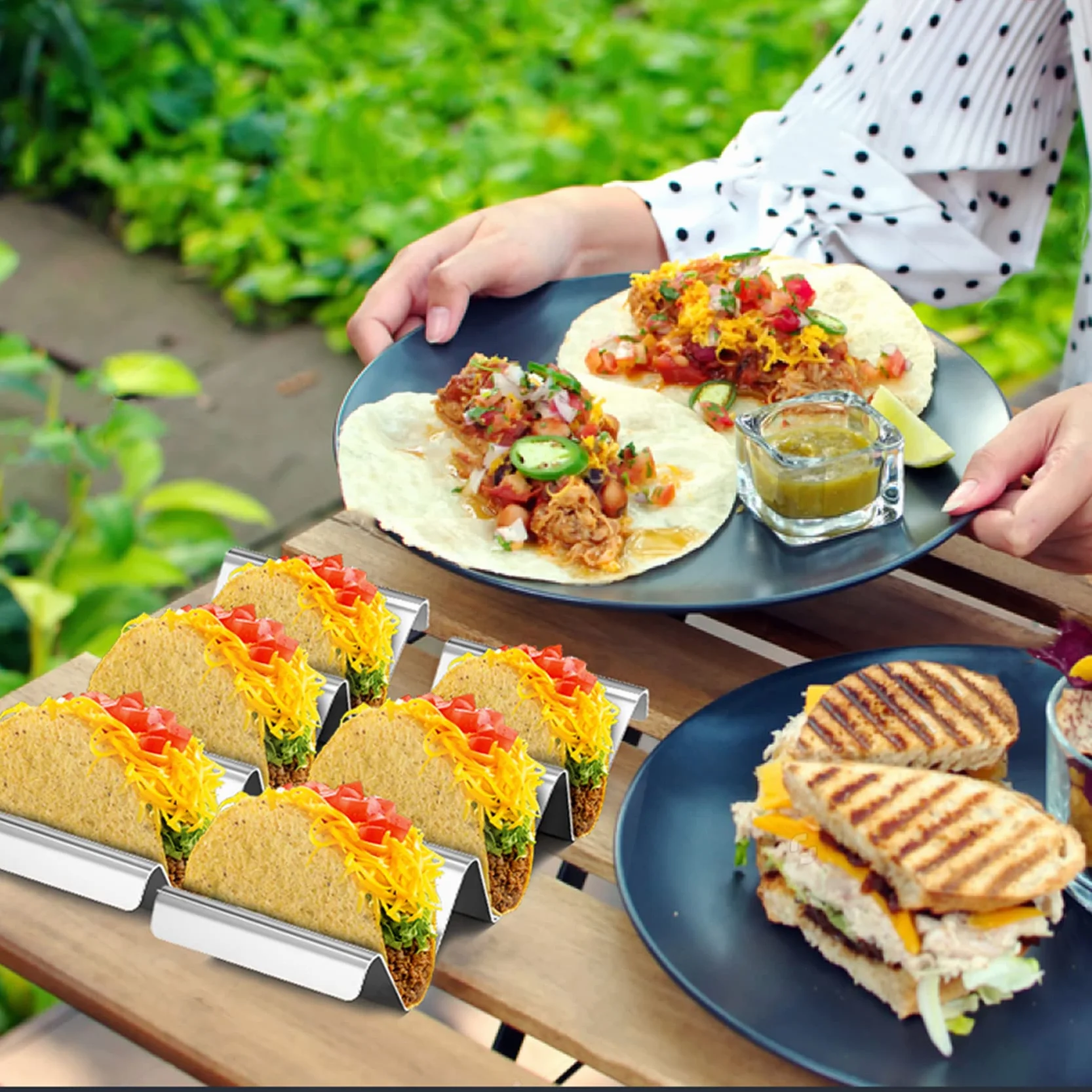 onlyfire Stojak na taco ze stali nierdzewnej, 4 solidne tacki na taco z uchwytami