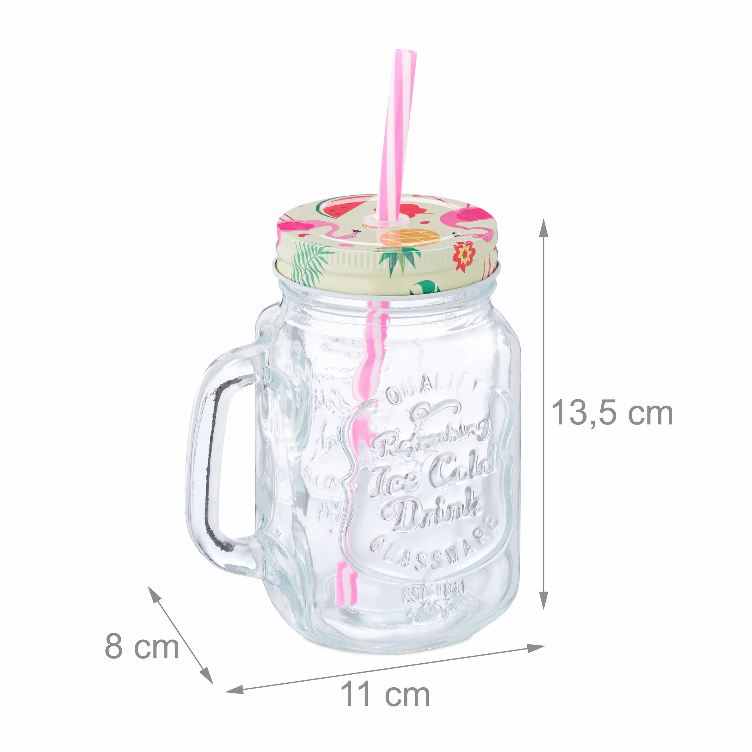 Relaxdays zestaw 8 słoików ze słomkami, szklanki na napoje z uchwytami, motyw flamingów, 500 ml, na lato, kolorowy