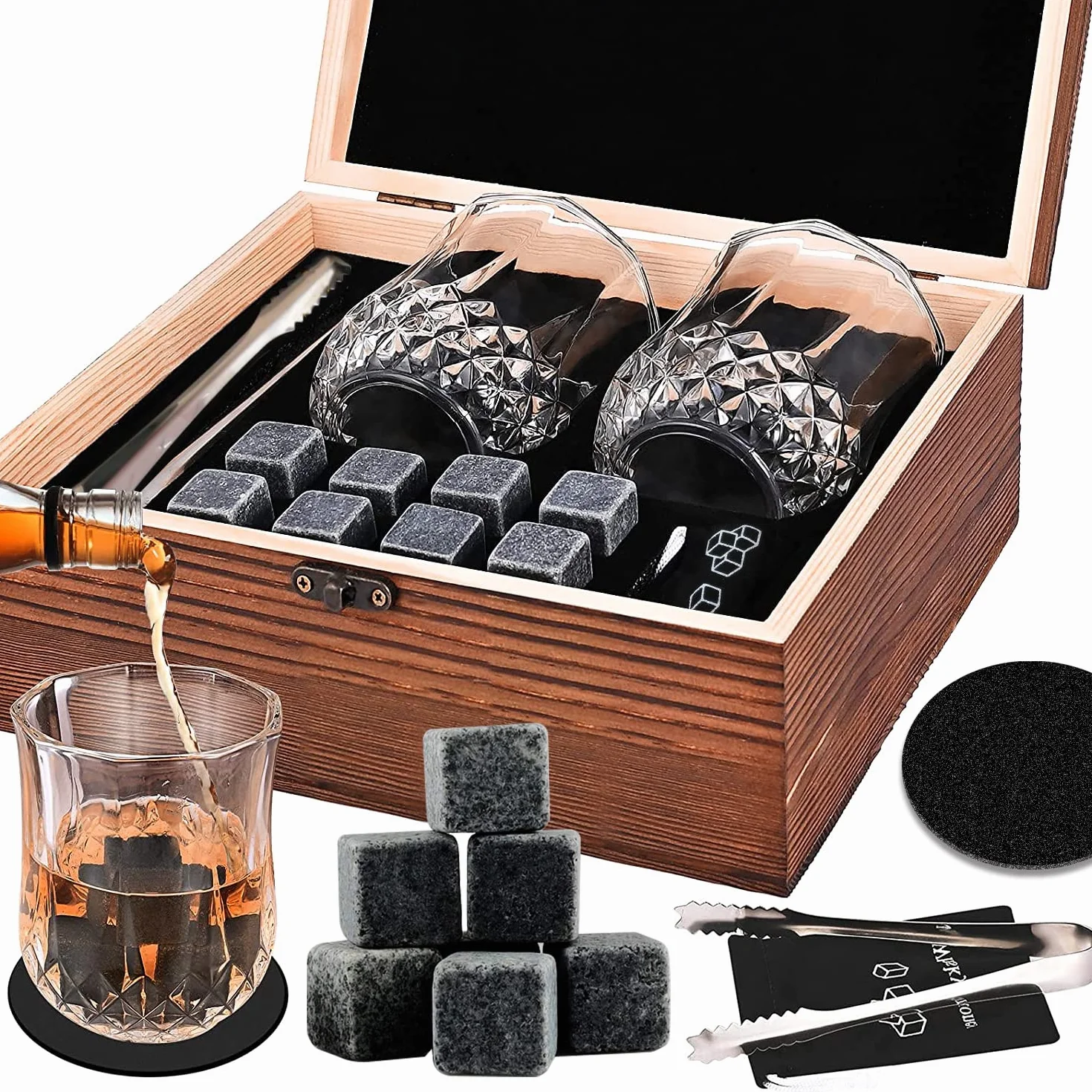 kamienie do whisky i szklanki, zestaw prezentowy dla mężczyzn, 8 granitowych kamieni do whisky + 2 kryształowe szklanki do whisky i aksamitna torba, na Dzień Ojca, Boże Narodzenie, prezent urodzinowy, prezent dla taty, chłopaka