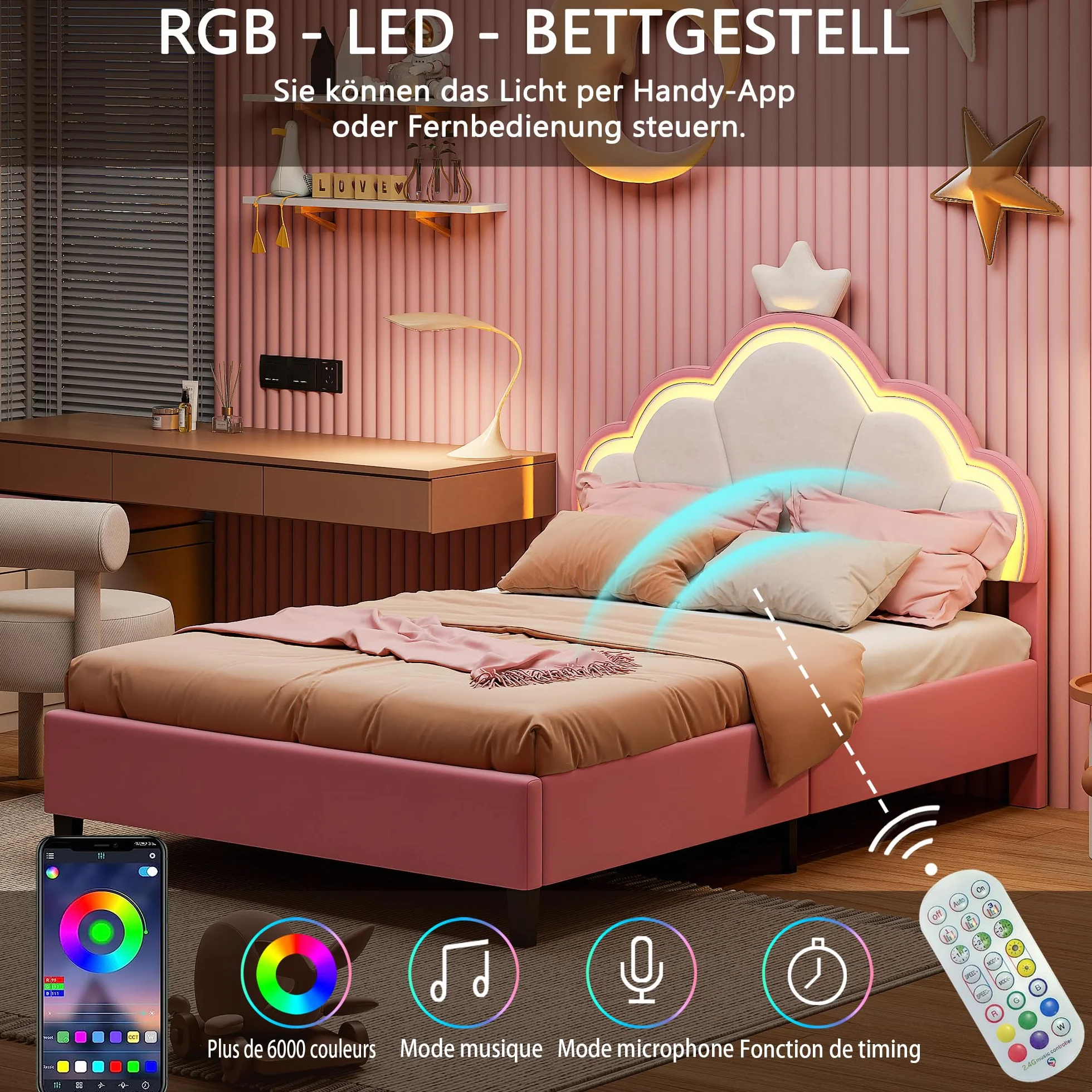 DULRLLY Łóżko dziecięce 140 x 200, łóżko dla dziewczynki, z regulowanym zagłówkiem i oświetleniem LED, łóżko księżniczki, pojedyncze łóżko tapicerowane, rama łóżka dla dziewczynek, bez materaca