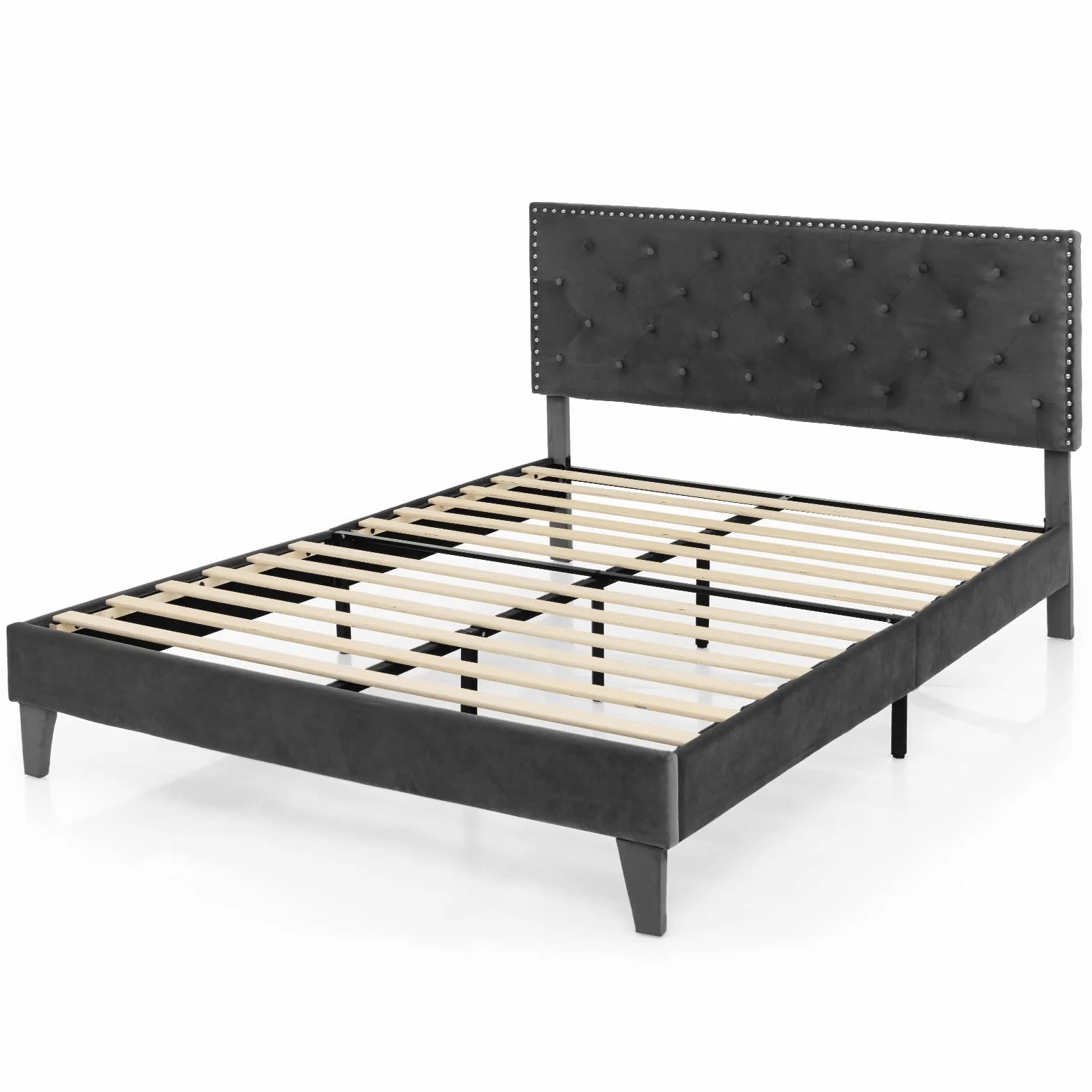COSTWAY łóżko tapicerowane 200 x 180 cm, podwójne z podłokietnikiem i kratą, rama łóżka ze stelażem, łóżko platformowe dla dorosłych i młodzieży, wytrzymałość do 450 kg