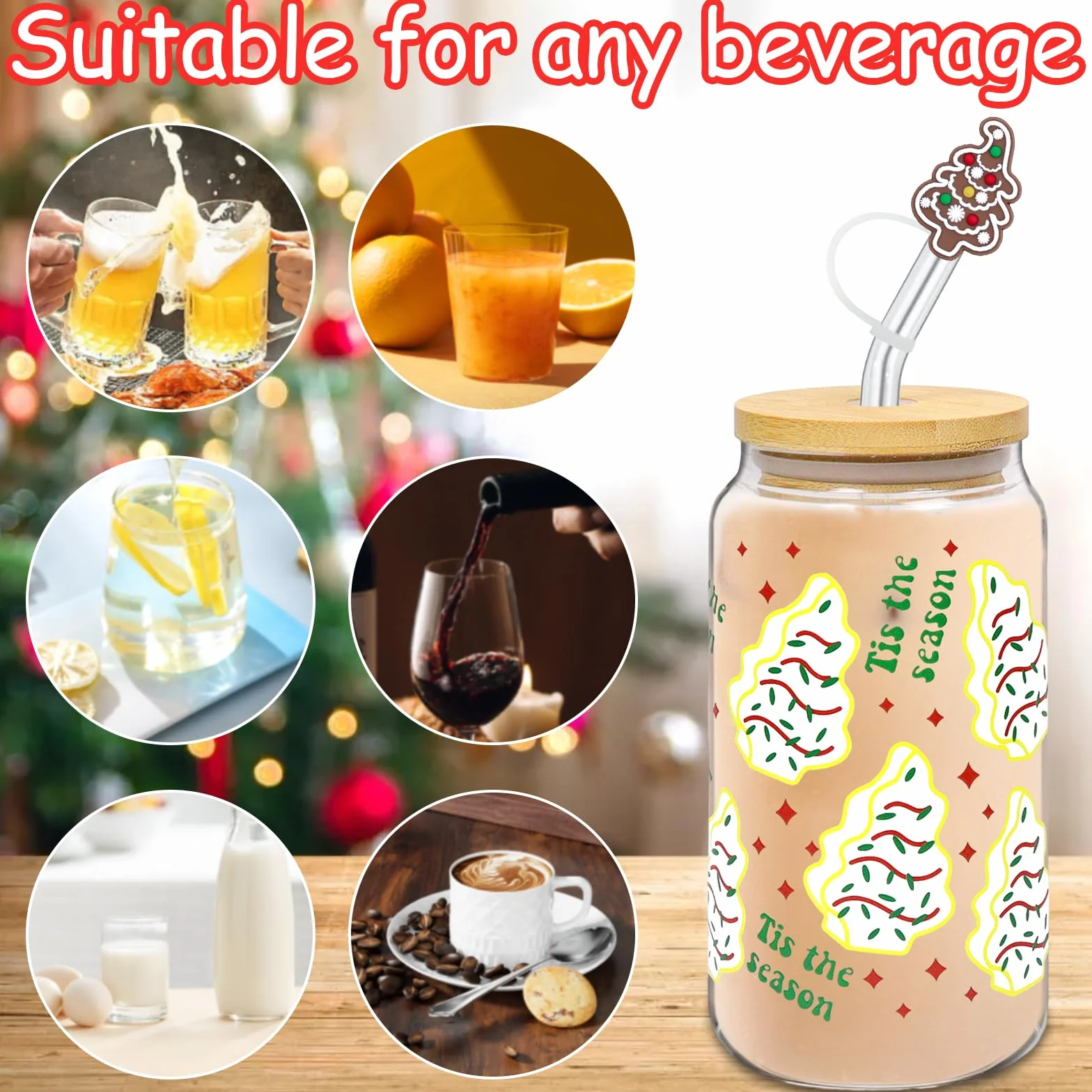 Kieliszki na Boże Narodzenie, 500 ml, szklane kubki z pokrywką i słomką, szklanki bożonarodzeniowe, szklanka na Boże Narodzenie, ze szklaną słomką, nadają się do kawy, napojów, soków