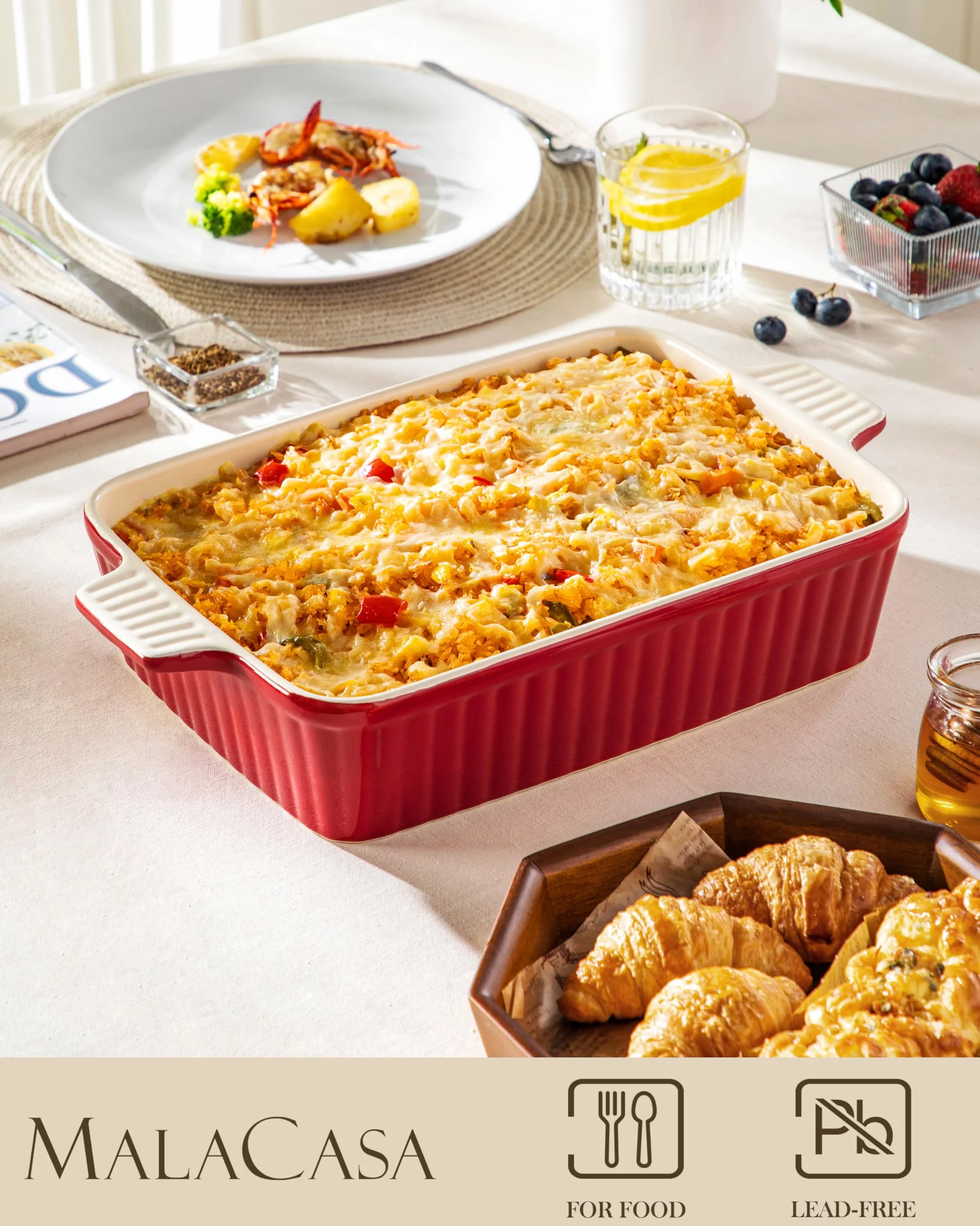 MALACASA 4,4 QT naczynie do pieczenia, 9 x 13 duże naczynie do zapiekania do piekarnika, ceramiczna forma do pieczenia, prostokątna, głęboka patelnia do lasagne z uchwytami do pieczenia, trwała