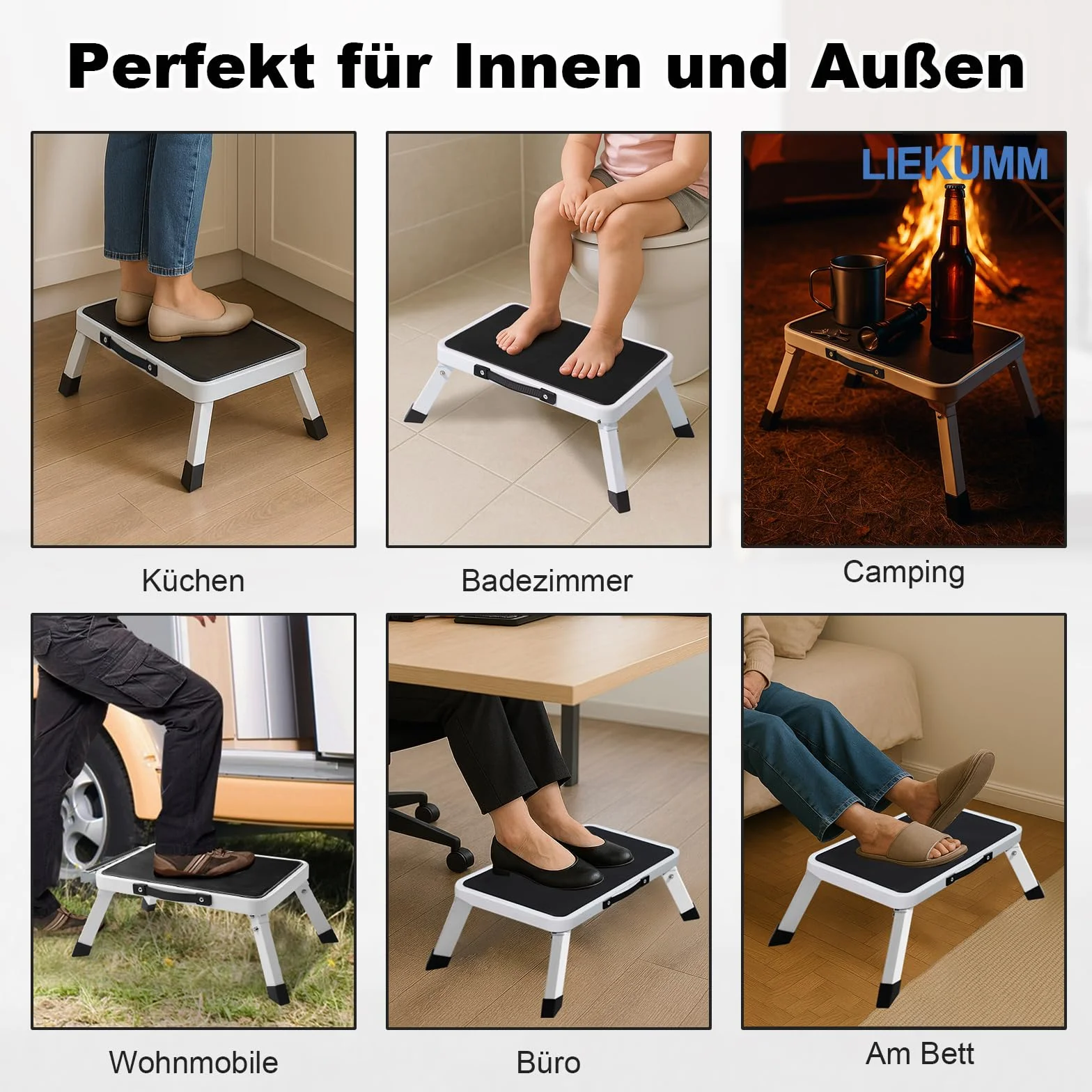 LIEKUMM Składany taboret do schodków o wysokości 18 cm, udźwig 150 kg, składany taboret z uchwytem, antypoślizgowy stopień do domu, kuchni, łazienki i kampera, biały