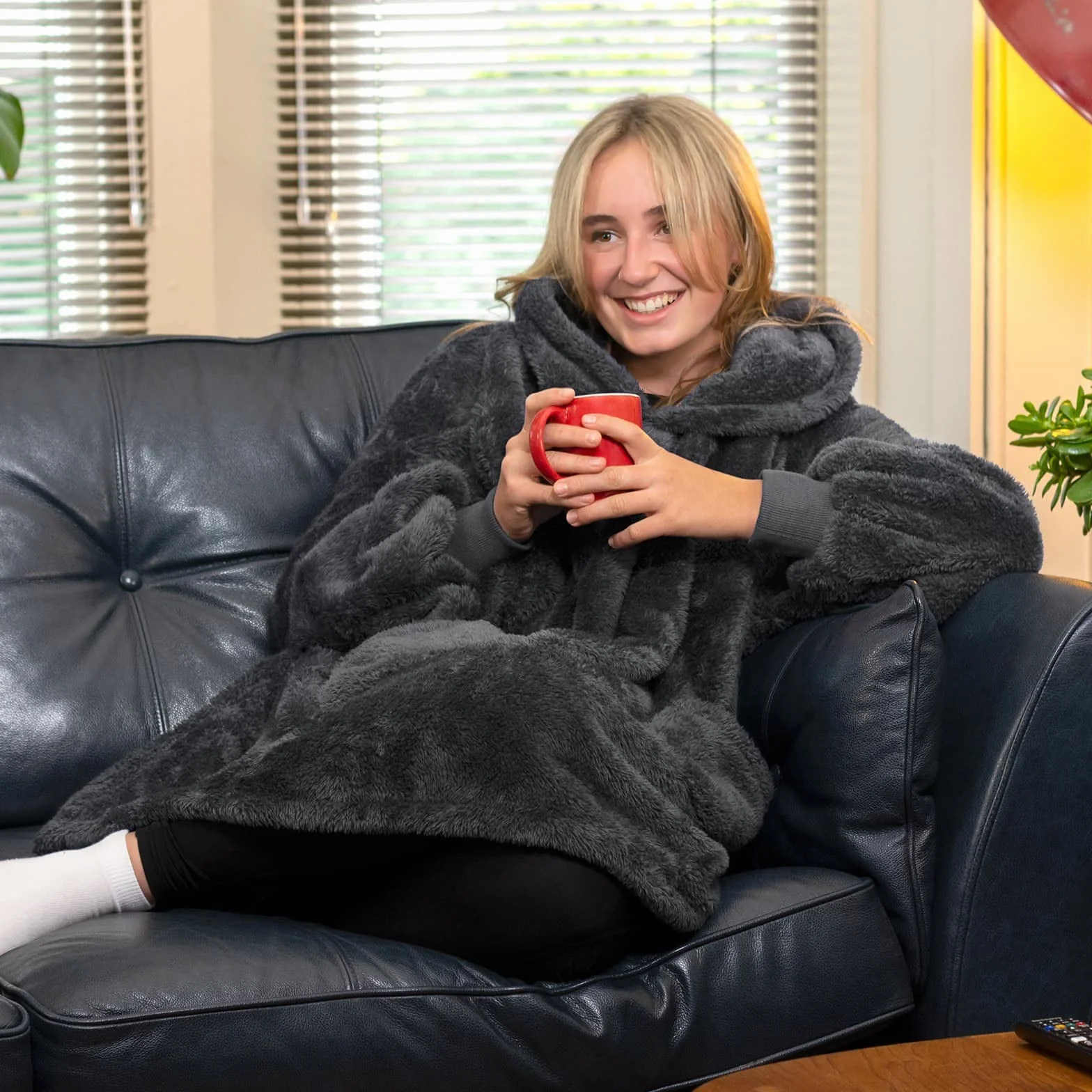Snug Rug Szara kocobluza z kapturem, koc z rękawami, sztuczny kożuszek, dla dorosłych, sweter z kapturem, miękki, wygodny, bardzo duży koc z rękawami