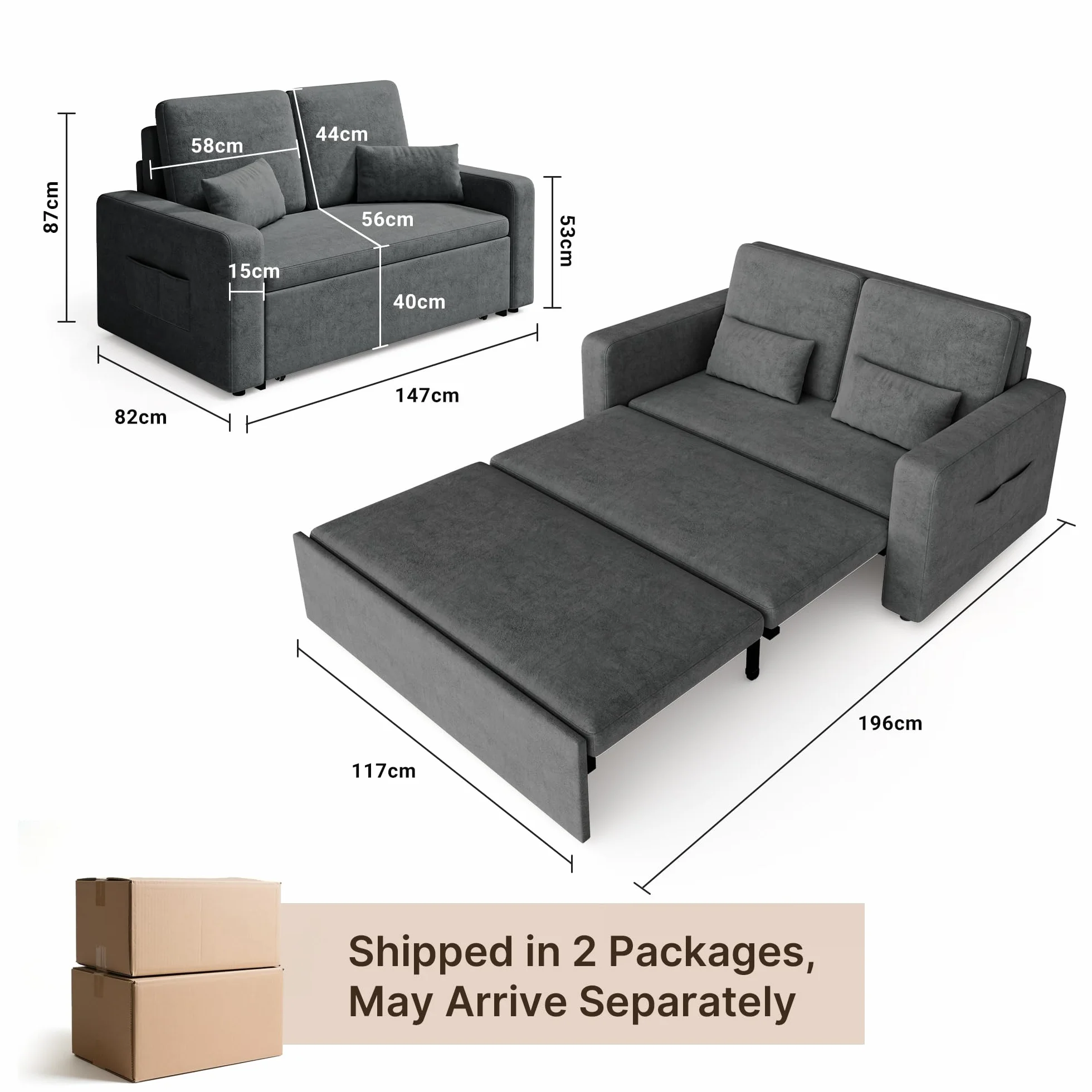 Xbro Sofa z funkcją spania 147 x 196 x 87 cm, sofa z funkcją spania 2-osobowa, wysuwana na 4 kółkach, nowoczesny welurowy materiał, Ciemnoszara