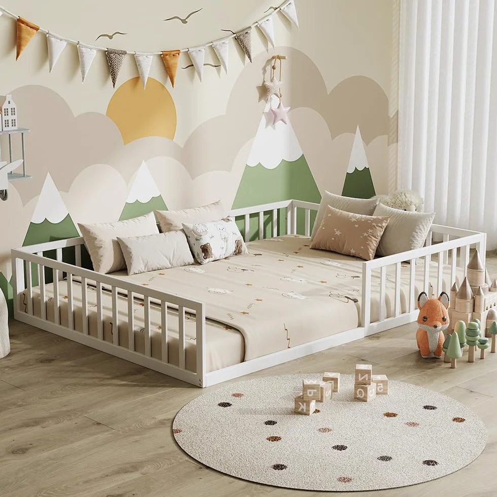 VitaliSpa Łóżko podłogowe Minno 140x200, łóżko dziecięce z metalu, łóżko Montessori z barierką zabezpieczającą, niska wysokość wejścia, biały